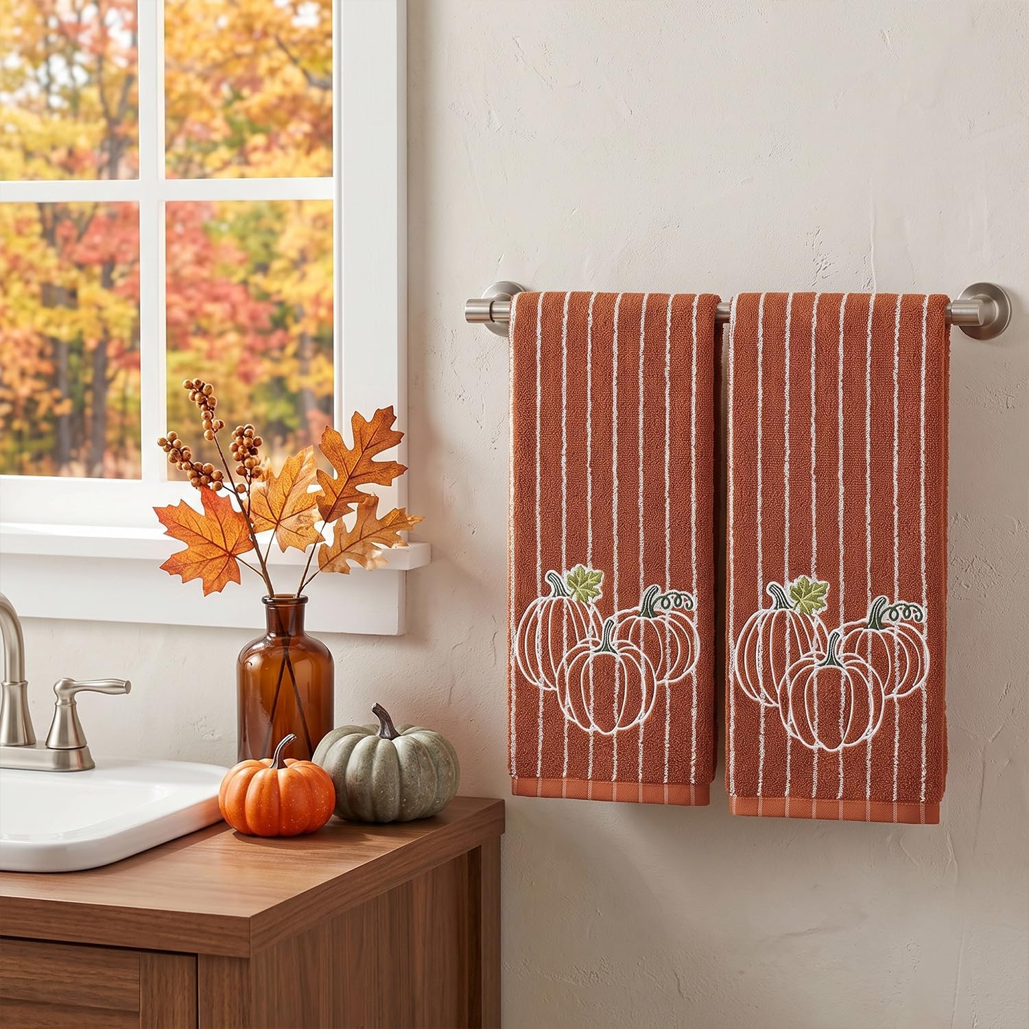 2-Piece Fall Hand Towels with Embroidered Pumpkins, Terracotta Striped