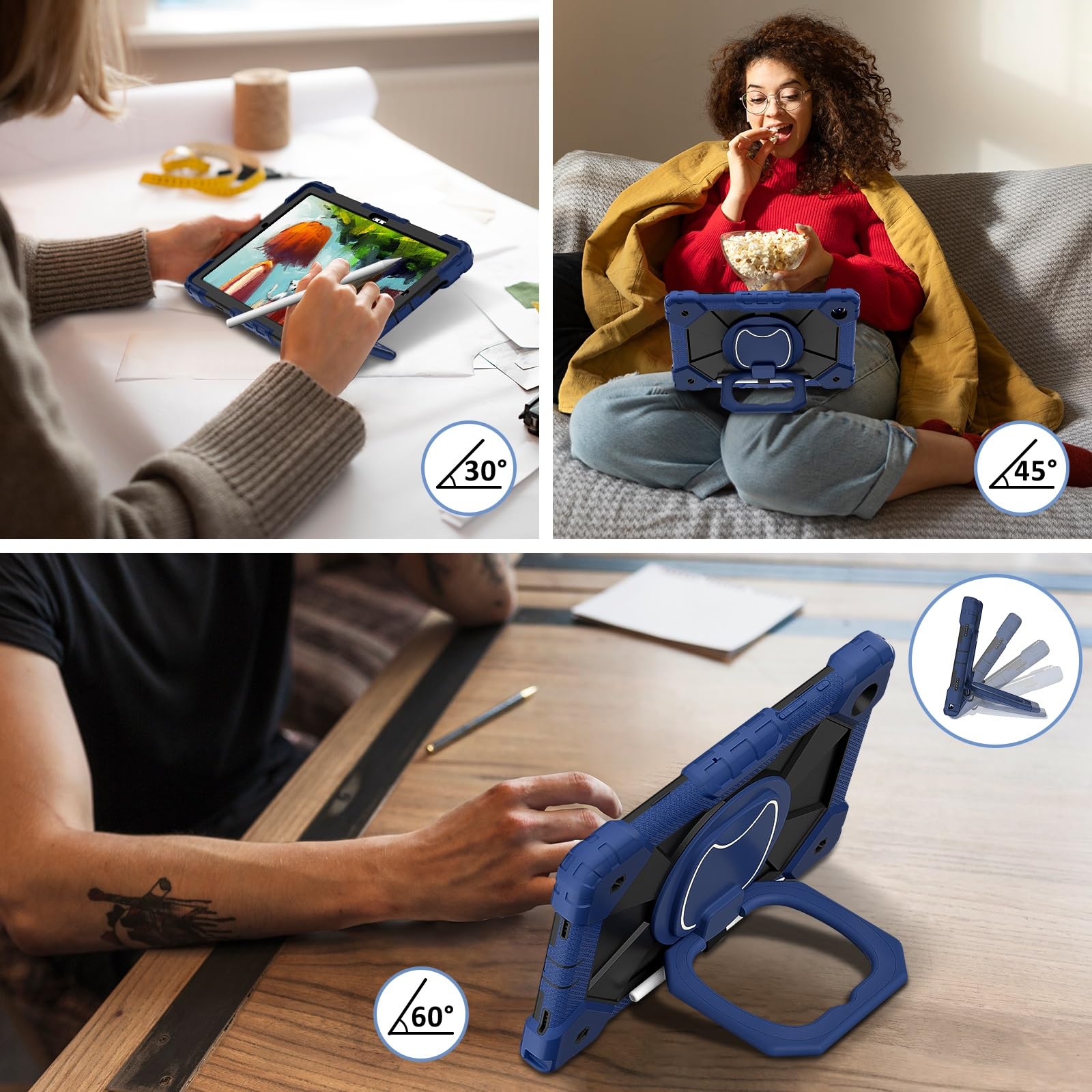 Etui Galaxy Tab A8 kompatybilne z etui Samsung 10,5 cala (SM-X200/X205) 2021 Wytrzymałe, odporne na wstrząsy, ochronne obrotową podpórką 360° + pasek rękę + ramię(Navy+Black)