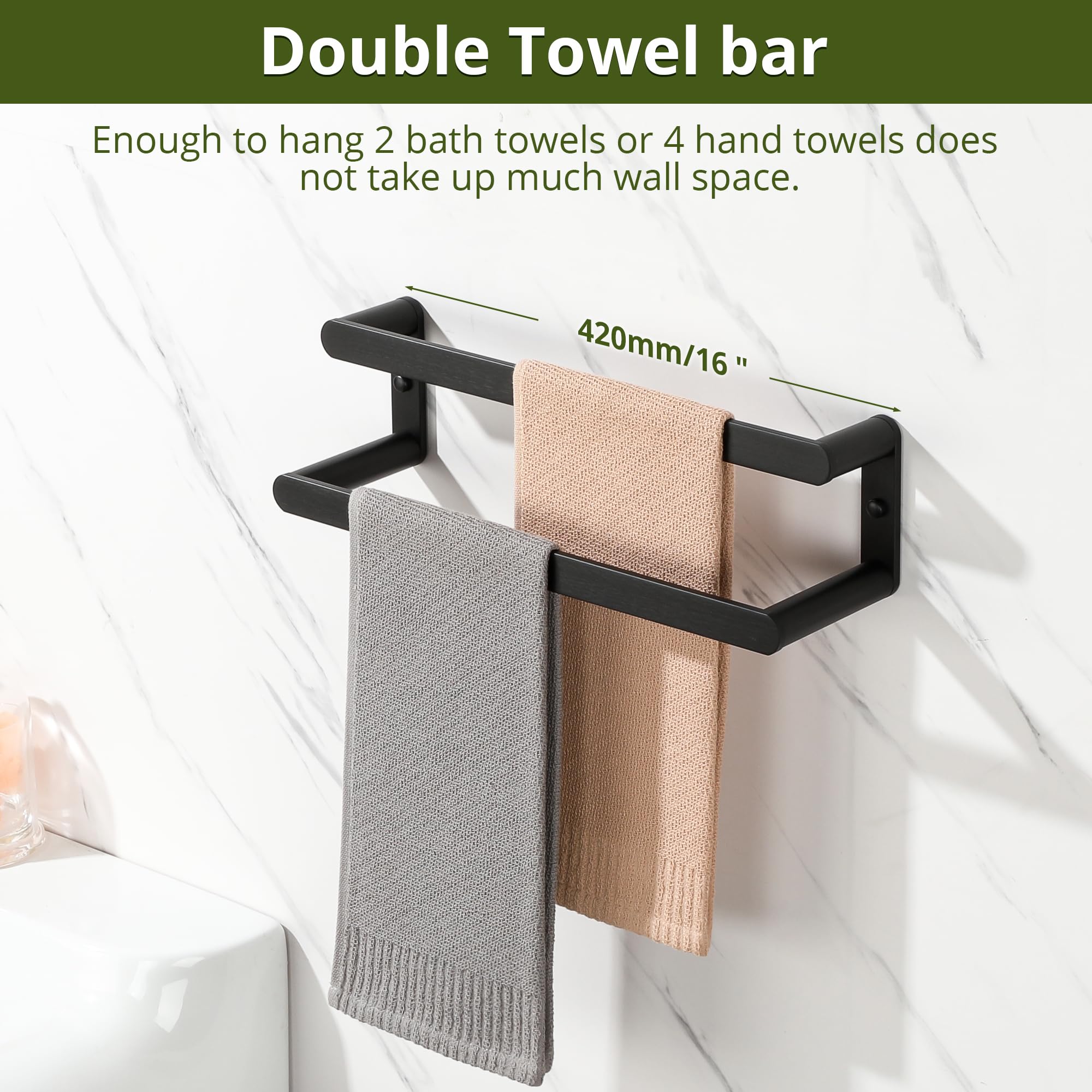 SAYAYO Black Towel Rail Wall Mounted Double Hand Towel Holder, 2-Tier Large Bath Towel Rack Heavy Duty for Bathroom Kitchen 42CM - Image 2