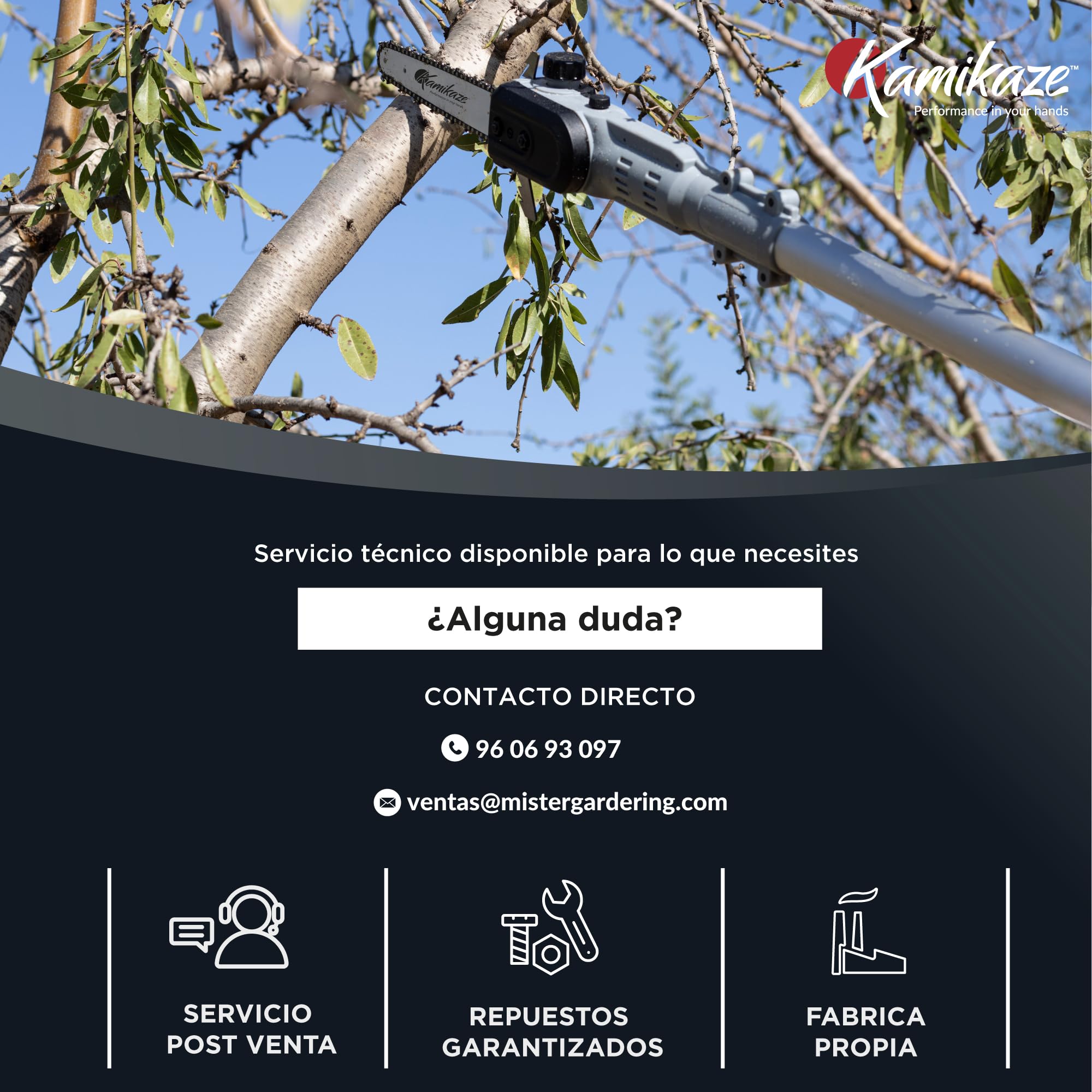 KAMIKAZE Sierra Extensible Eléctrica Inalámbrica Profesional - Corte Ø 160 mm, Motor Sin Escobillas, Potencia 950W, Telescópica hasta 2.5m, Pantalla, 2 Baterías de Litio, Arnés, 3 Años de Garantía,