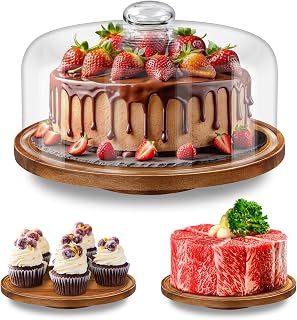 Yangbaga 11 Inch Rotating Wood Cake Stand with Glass Dome Lid - Elegant Cover for Cakes, Pies & Parties