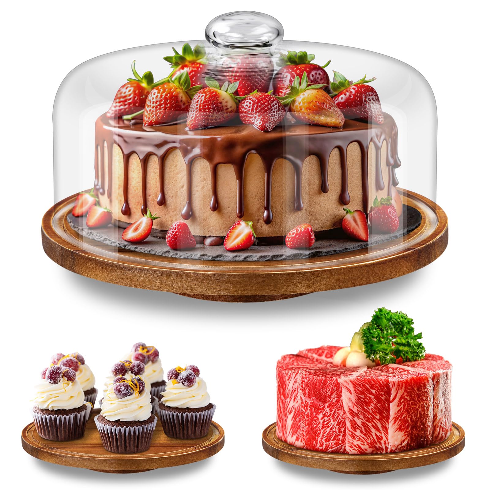 Yangbaga 11-Inch Wood Rotating Cake Stand with Glass Dome