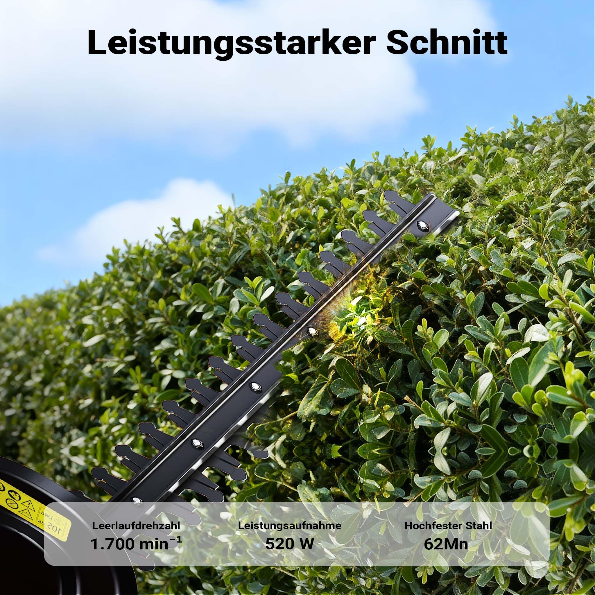 Wiltec Elektrische Heckenschere 520 W, Heckenschneider mit Schnittlänge 450 mm, Heckensäge mit Schnellstopp-Bremse, Freischneider mit Handschutz