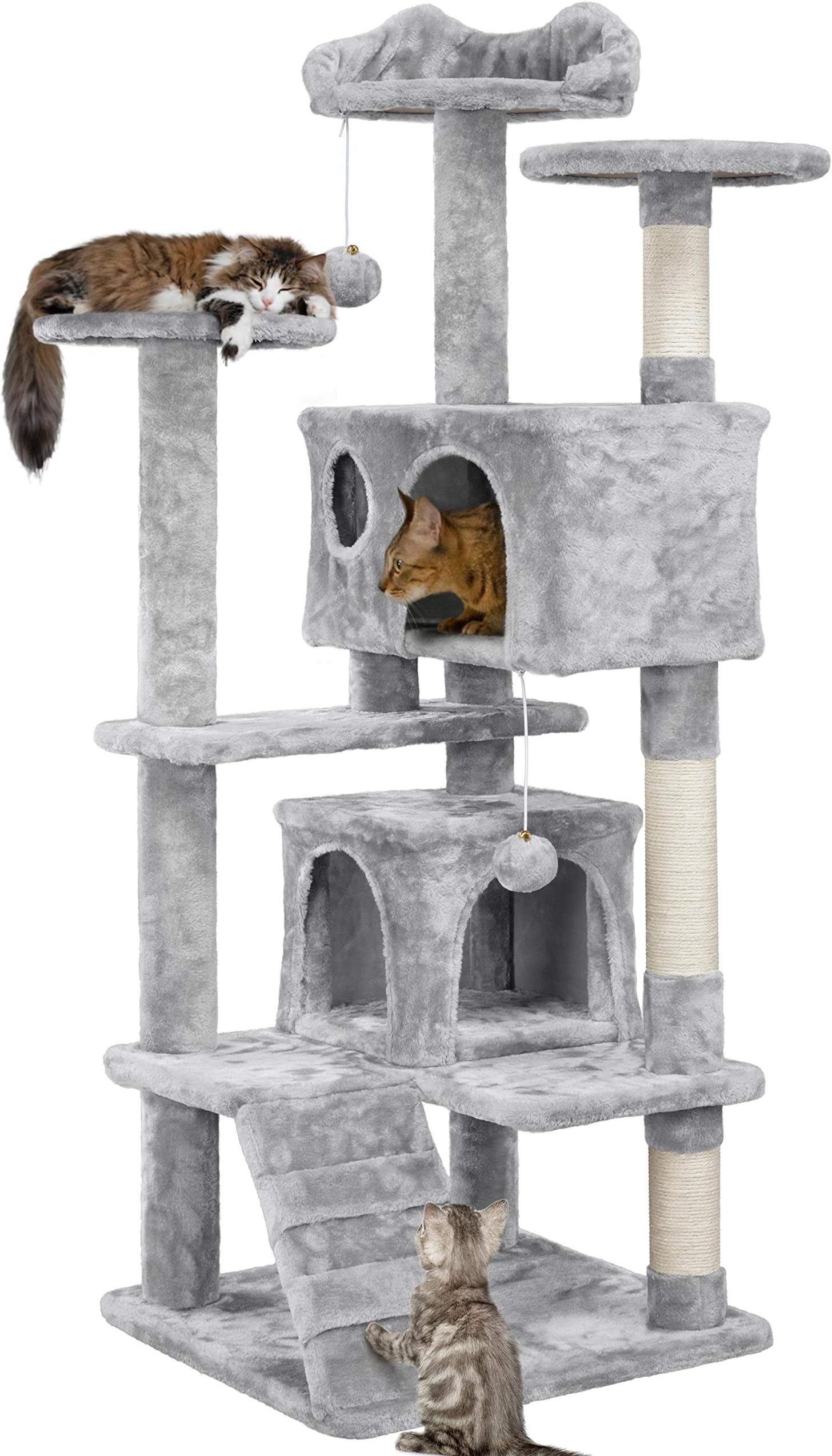 Yaheetech 138.5cm Cat Tree with Scratching Posts, Cat Climbing Tower w/Condo & Ladder for Indoor Cats, Light Grey