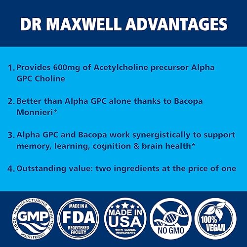 Miniatura 3 de Acetilcolina, alfa GPC colina 600 mg + Bacopa, mejor que cada uno solo. Suplemento de acetilcolina más confiable (apoya la memoria y el