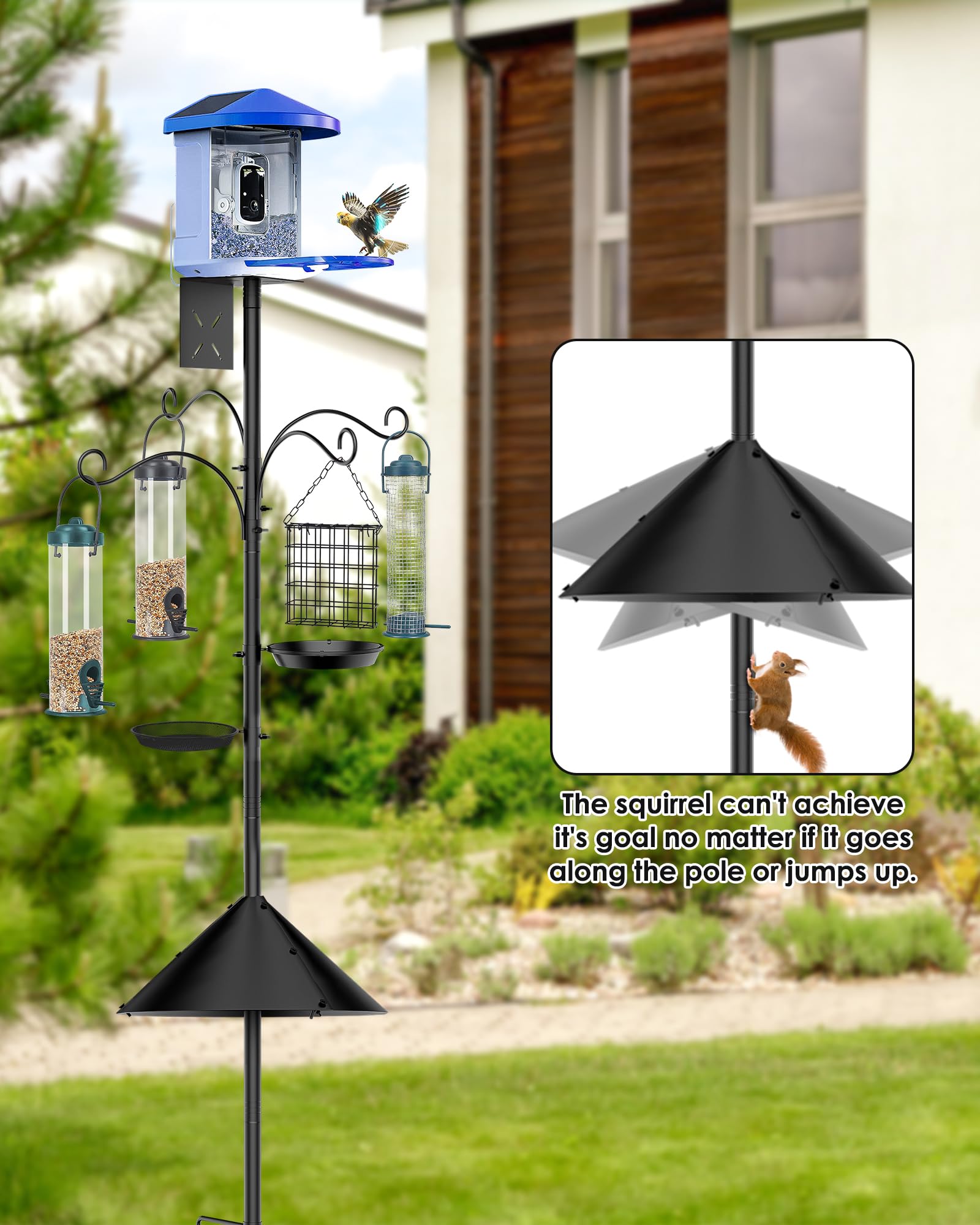 Poste de comedero para pájaros a prueba de ardillas, poste de comedero de pájaros resistente de 92 pulgadas para exteriores, estación de alimentación de pájaros, colgador para pájaros silvestres que