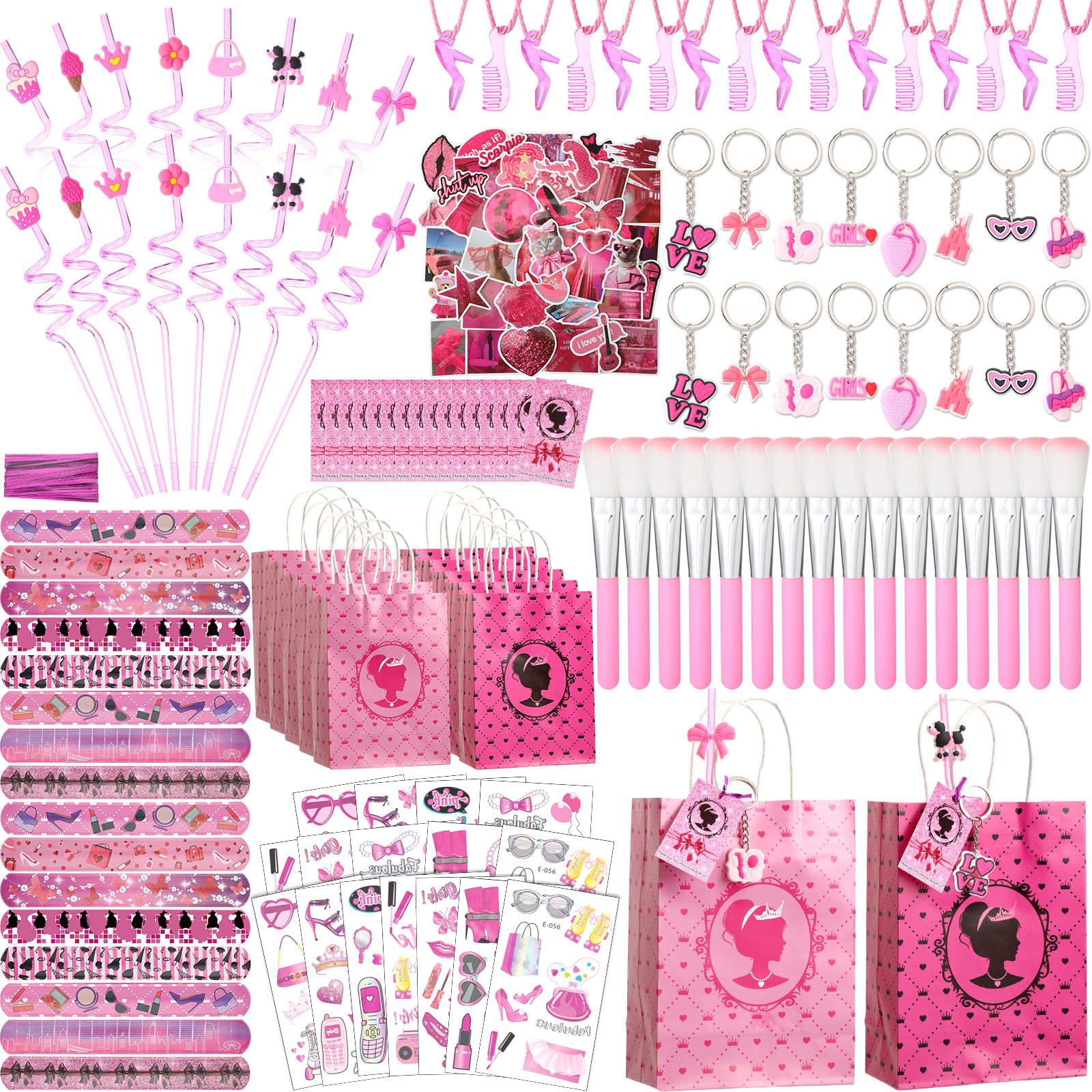 Suclain 179 Pcs Pink Party Favors Princess Birthday Supplies for Girls Hot Pink Gift Decorations Makeup Party Goodie Bag Stuffer Filler Straws