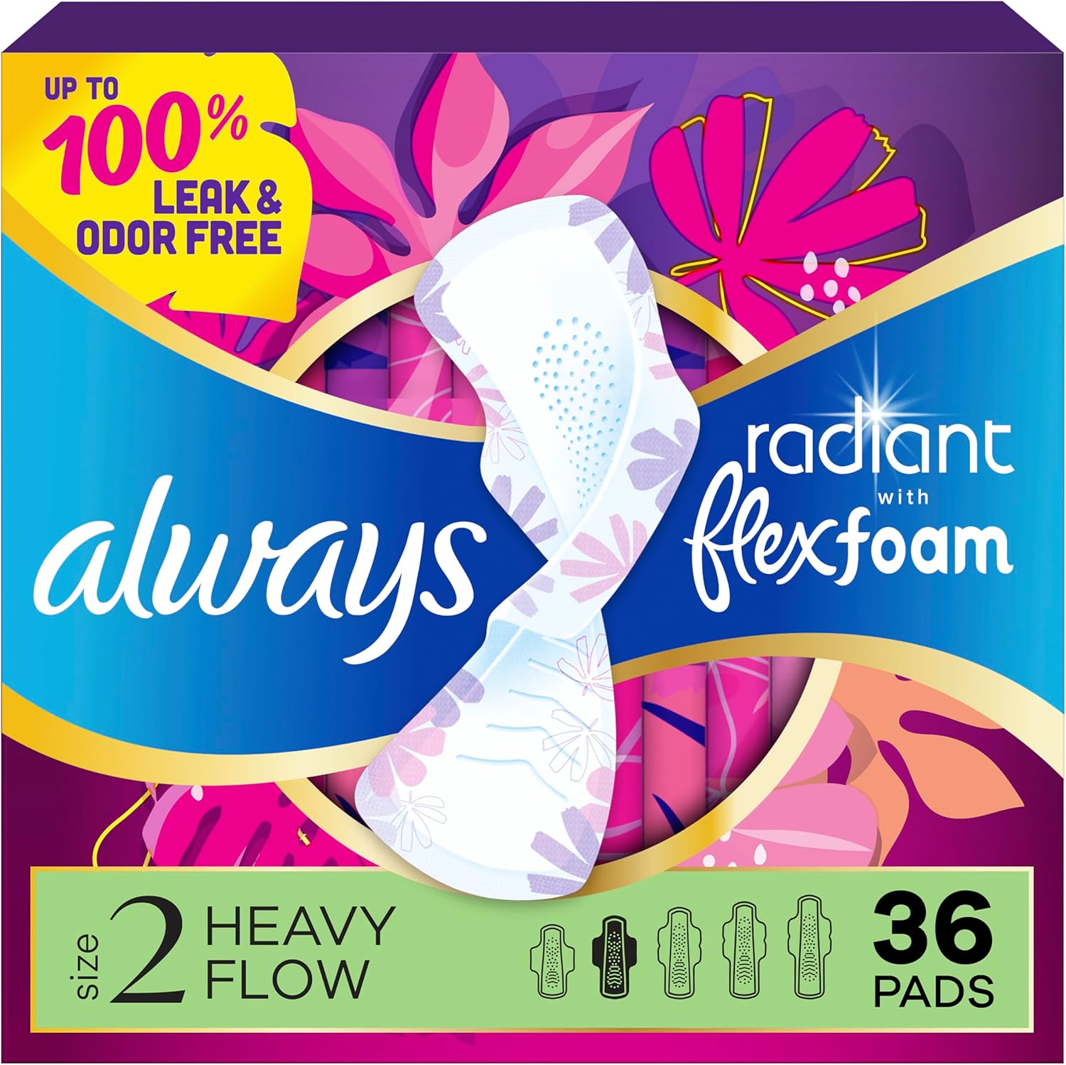 Always Radiant Feminine Pads for Women, Flexfoam Pads with Wings, Size 2, Heavy Absorbency, Lightly Scented, 36 Count