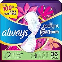 Always Radiant FlexFoam Pads with Wings, Heavy Absorbency, Lightly Scented - 36 Ct Leak-Free Period Protection