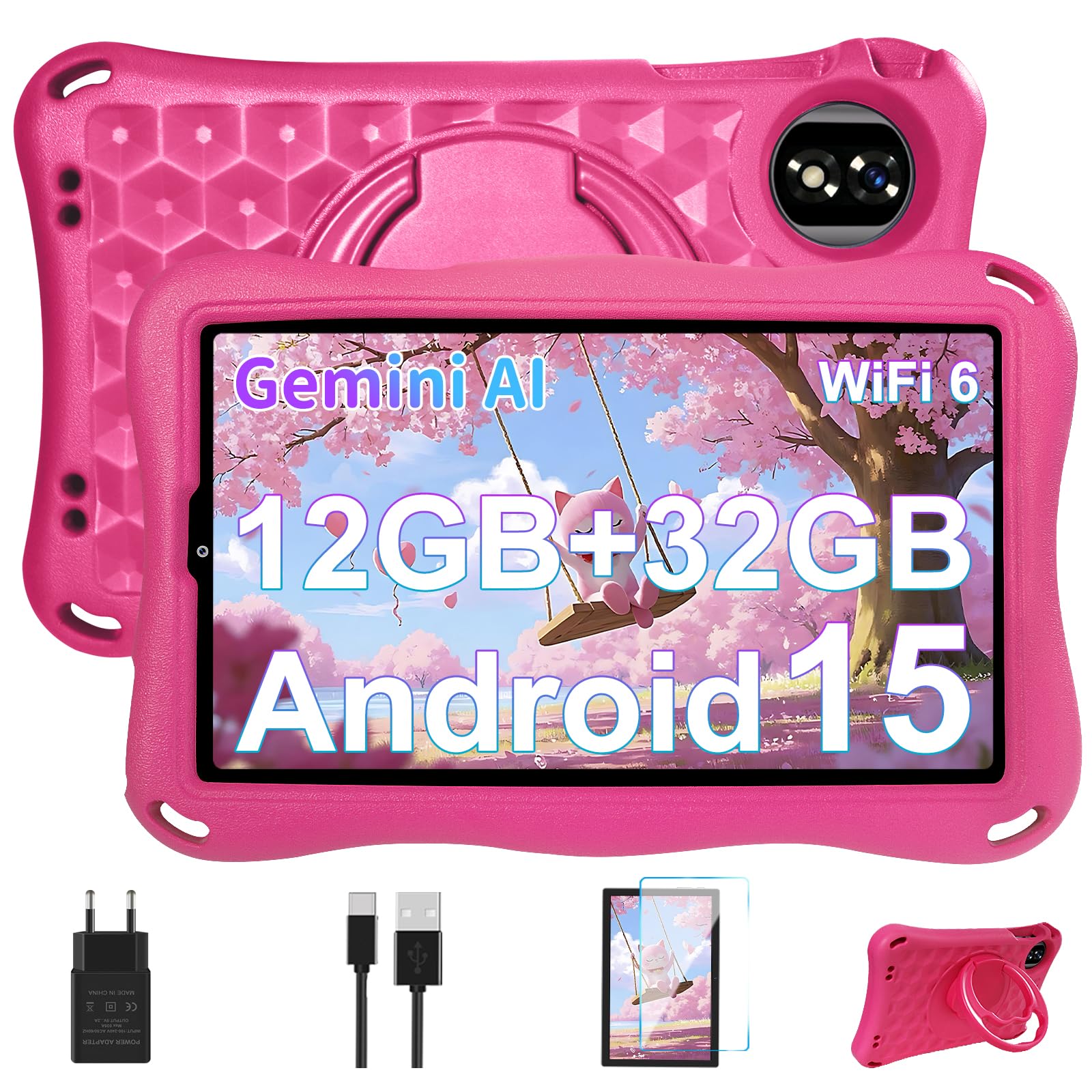 tablet per bambini con schermo 9 pollici e tecnologia gemini ai, memoria ram 12gb e rom 32gb, compatibile con wifi 6 e bt5.0