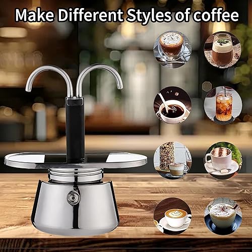 Miniatura 8 de Olla Moka de acero inoxidable, estufa de 2 tazas, máquina de café con doble boquilla, fácil de operar, hacer café rápidamente, olla moka de 3.5