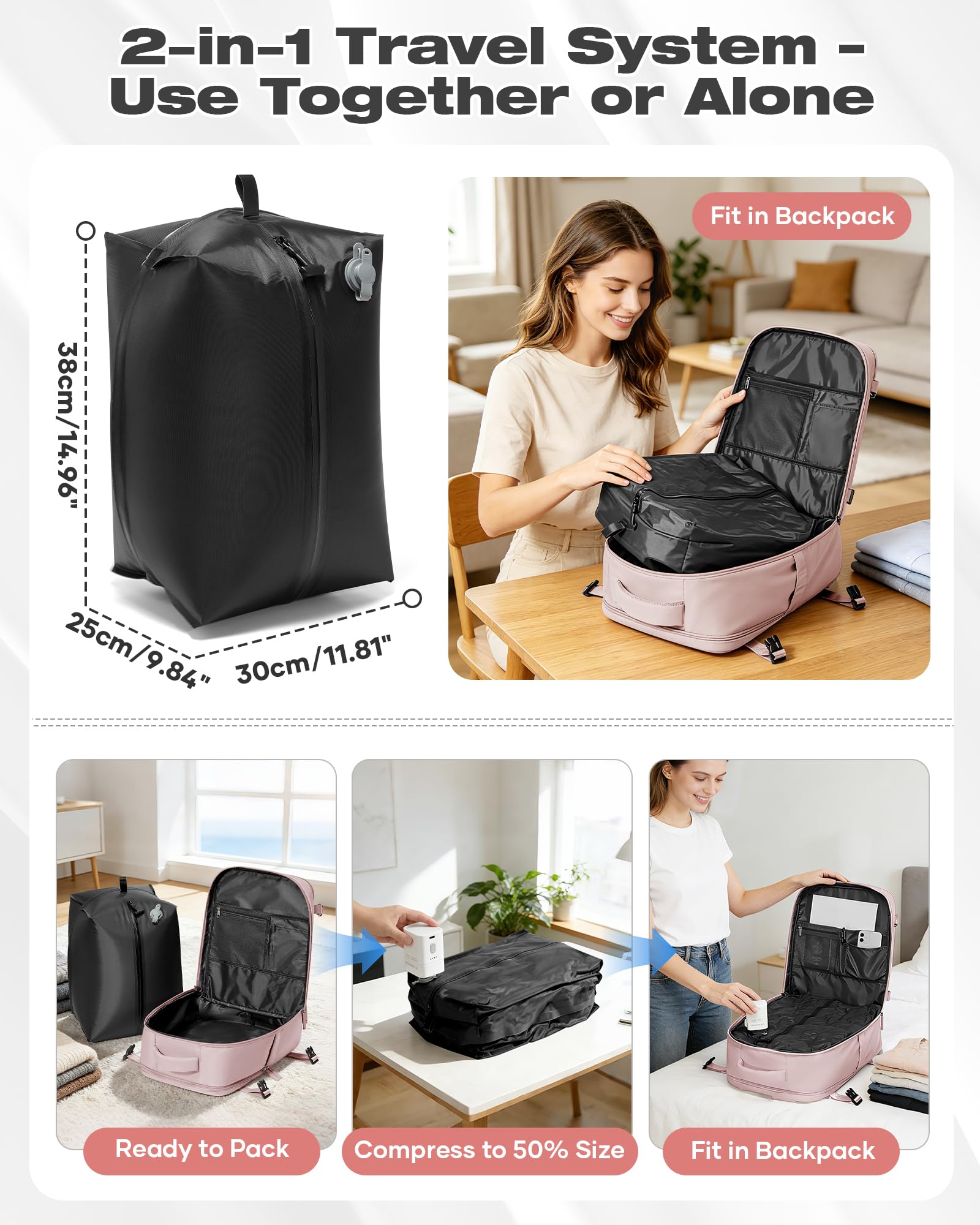 HPLQQ Mochila Viaje Cabina Avion 40x30x20 para Ryanair Mochilas de Vacío con Bomba Bolsa de Cabina Equipaje de Mano Cabina Avion Mochila de Senderismo Mochila Impermeable Cabina Mochila,M-Rosa Claro