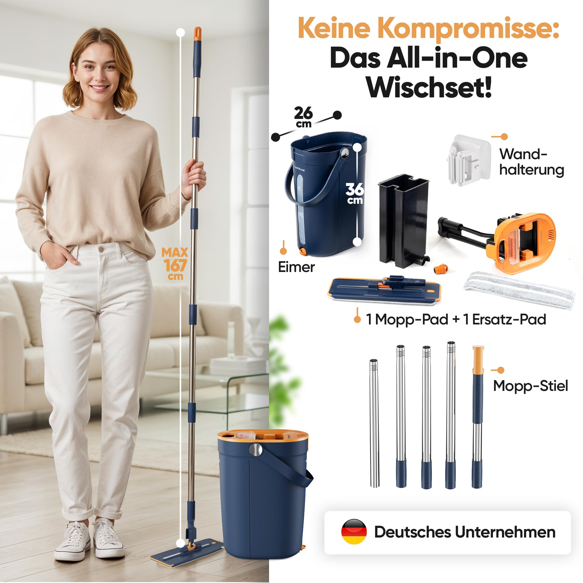 Wischmopp Set mit Eimer – Bodenwischer, Wischer Boden, Mop Set mit 3-Kammer-System, Nasswischer mit Auswringfunktion und Putzeimer, Mikrofaserpads & Wandhalterung