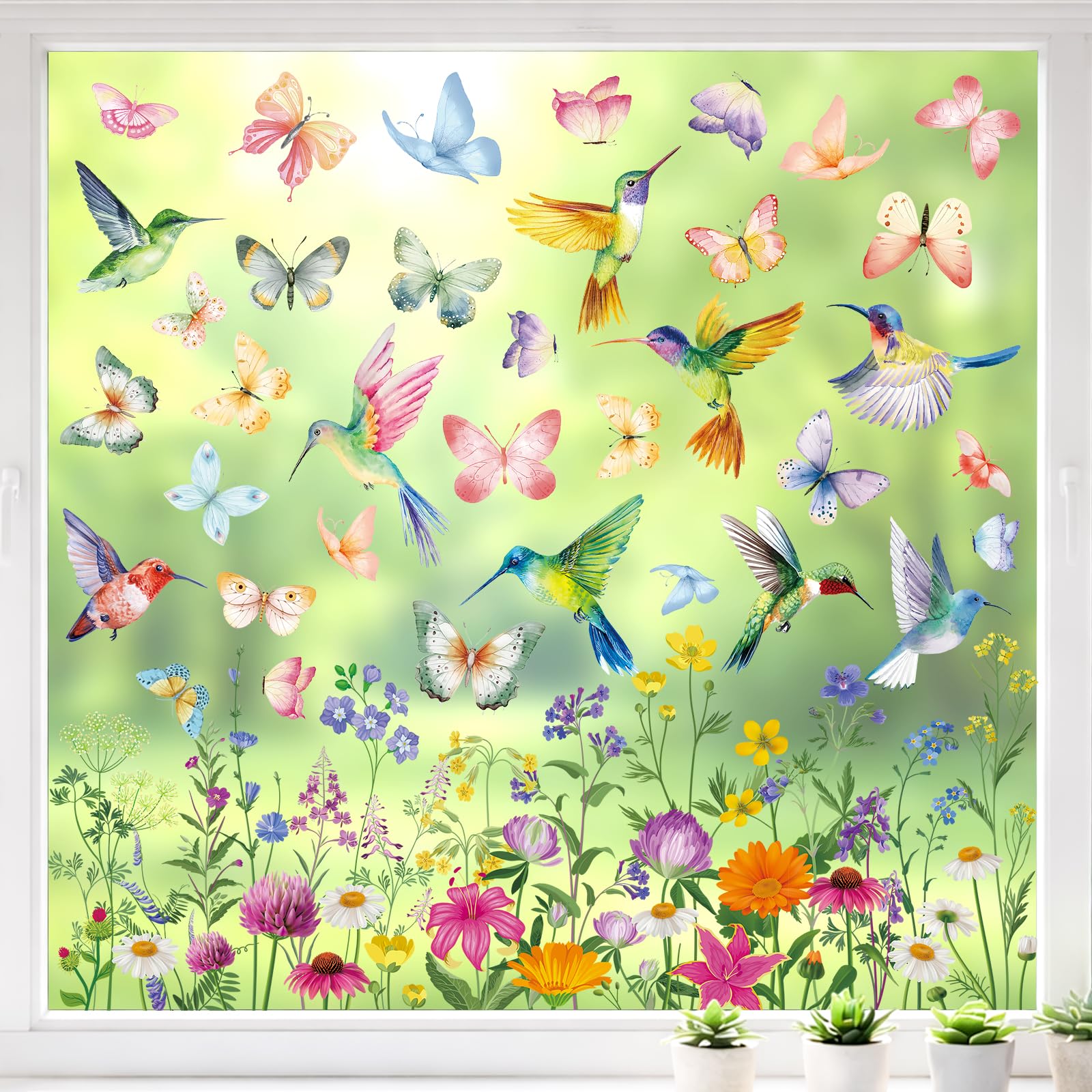 Zindoo 9 Sheet Spring Summer Butterfly Birds Flowers Window Stickers, 49Pcs Double Sided Garden Floral Wildflower Glass Window Decals, Anti-Collision Static Clings for Home Doors Windows