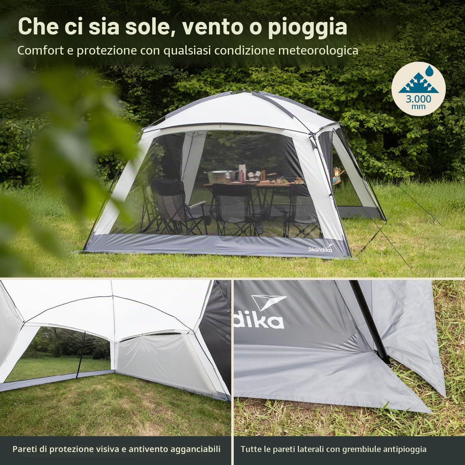 Skandika Fortun 350 Padiglione da esterno con zanzariera, colonna d'acqua 3000 mm, altezza 210 cm, facile da montare, pali in fibra di vetro e acciaio, tenda per campeggio, giardino, festival