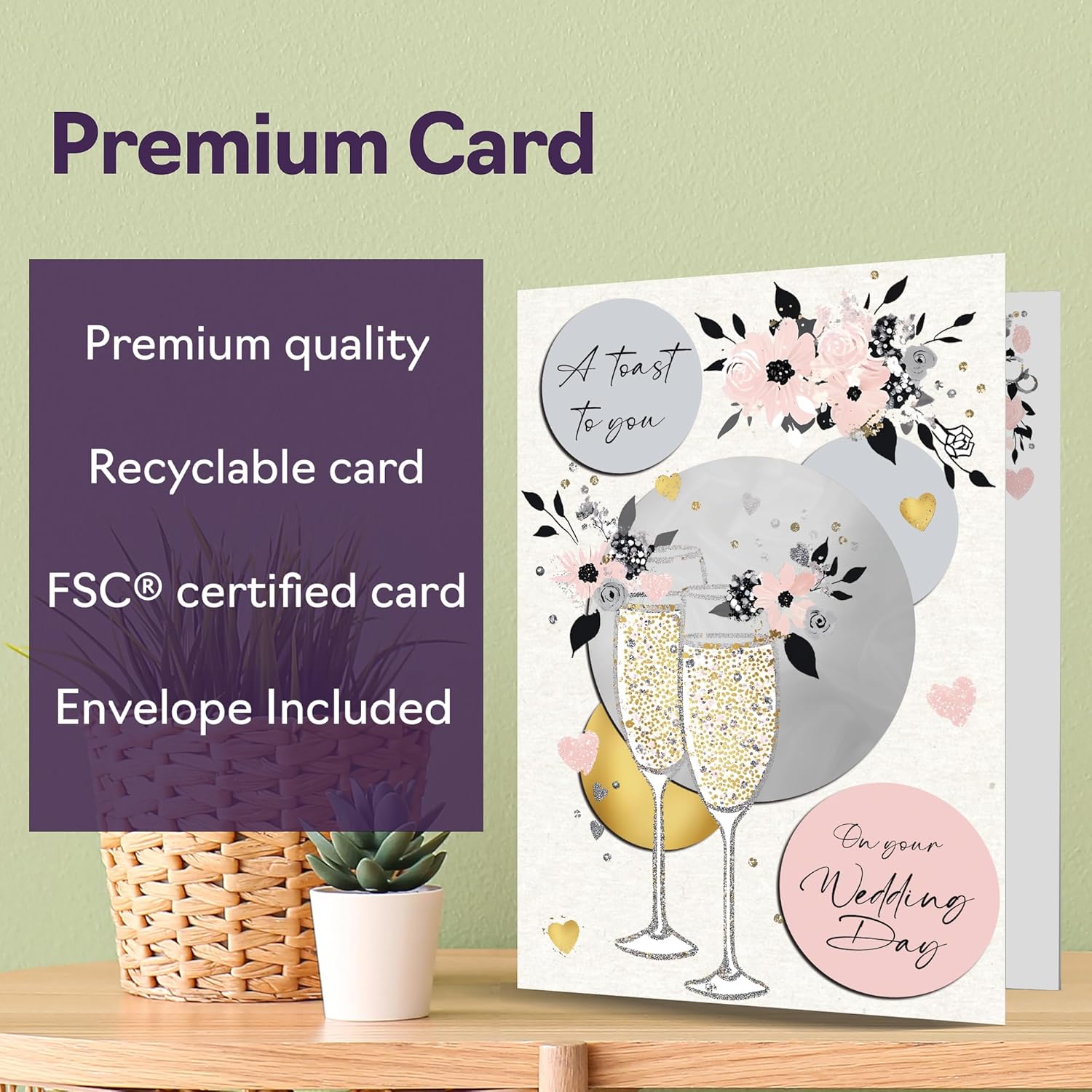 Beautiful Gold Silver Wedding Cards - A Toast To You - Elegant Traditional Congratulations Gifts Congrats Well Done Card for Newlyweds, 5x7 Inch Marriage Greeting Cards for Friends Family