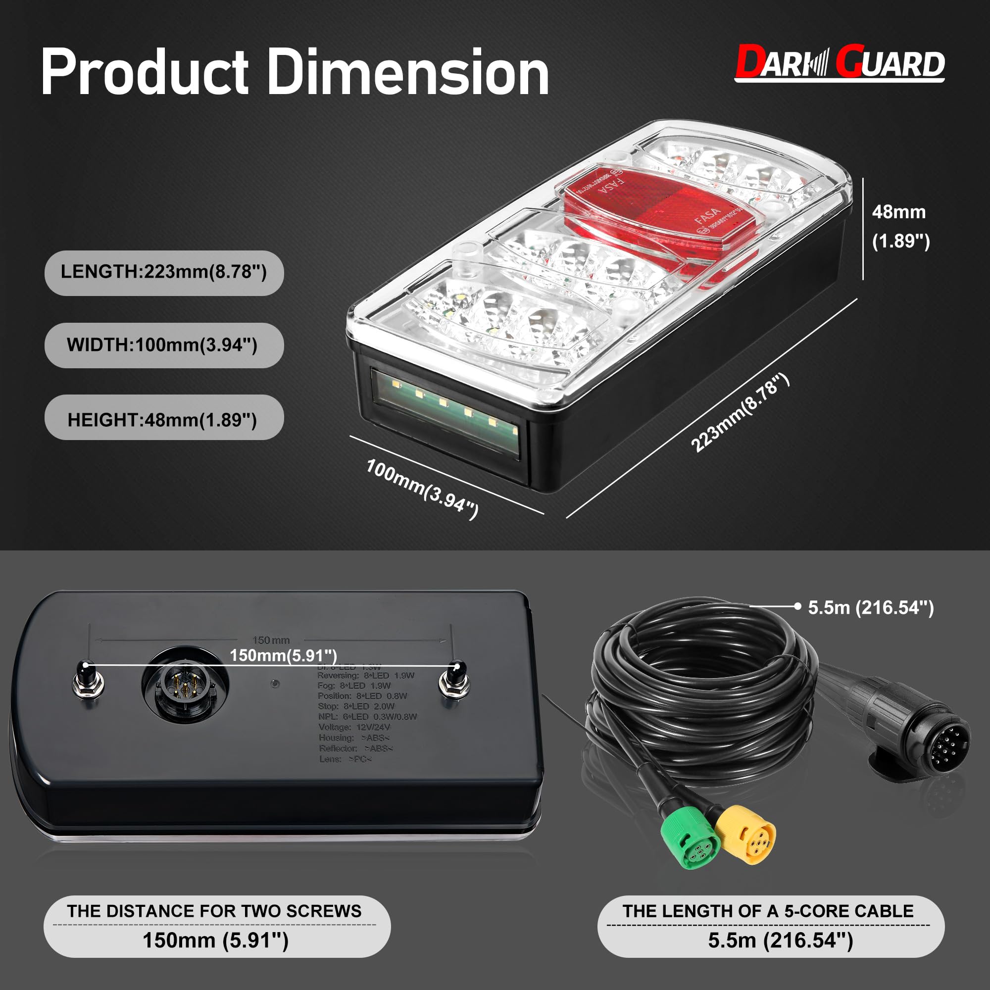 Kit Fari Rimorchio 13 Poli Fanali Posteriore Led per Rimorchio 7 Funzioni 12V/24V con 5P Baionetta Cavo Pre-Cablaggio 5,5M + Extra 25cm per Luci Posizione/Nebbia/Targa, Omologati E57 IP65