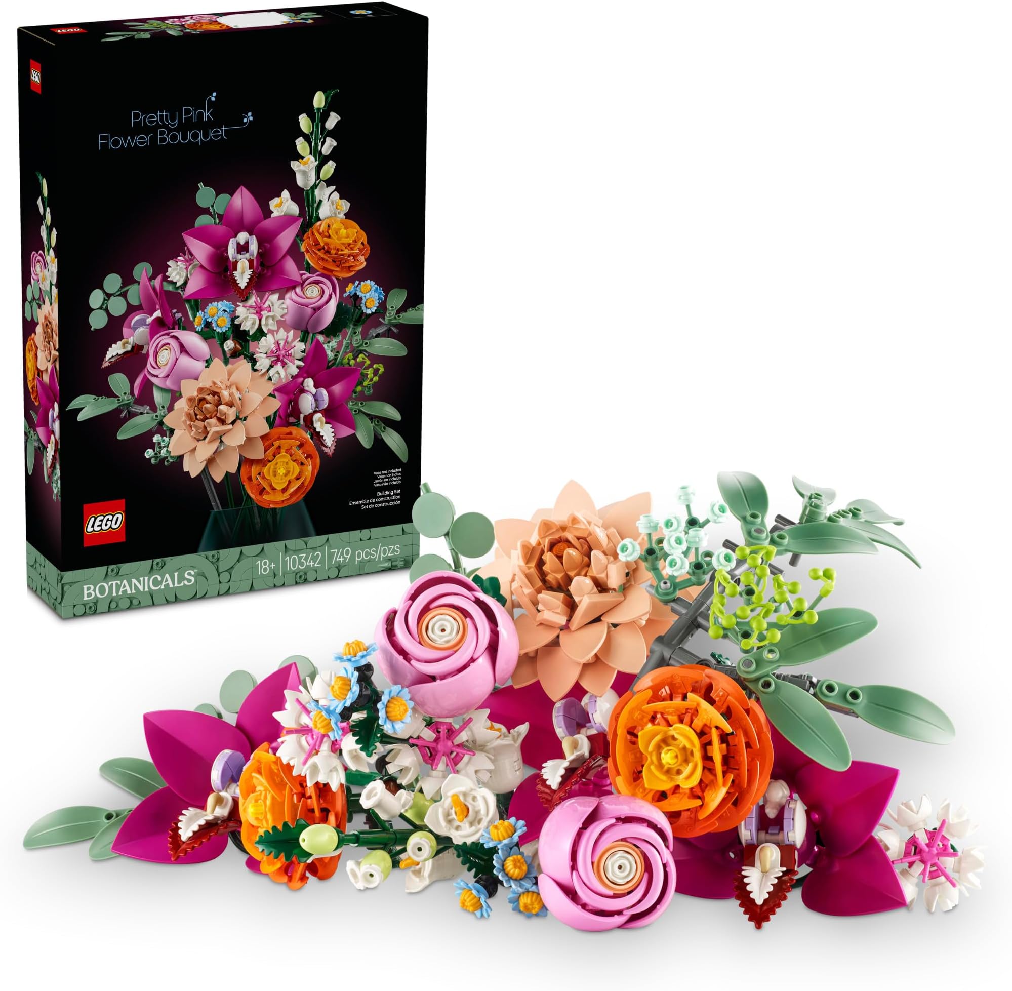 Botanicals Pretty Pink Flower Bouquet Building Set for Adults - Gifts for Birthdays - Artificial Flowers for Decor or Table Display - 10342