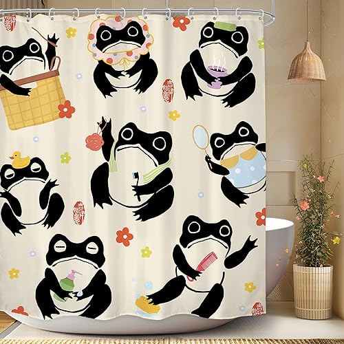 Miniatura 30 de LGhtyro Cortina de Ducha Divertida de Rana Juego de Baño 60Wx71H Pulgadas Retro Lindo Animal Asiático Estilo Tradicional Japonés Fideos Sombrero de