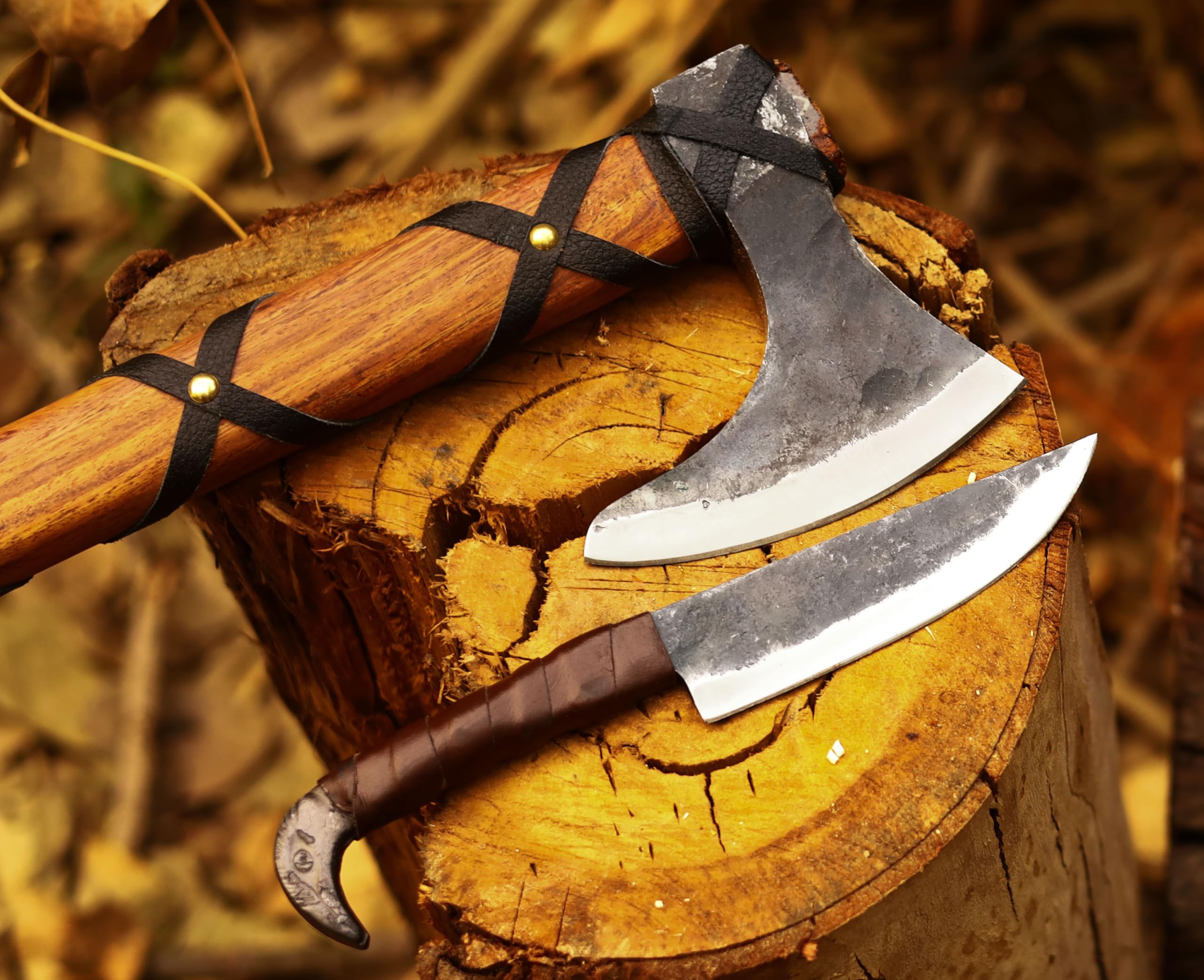 2 in 1 Wikinger-Axt mit Rabenkopf messer Geschmiedet 1095 Kohlenstoffstahl Palisandergriff Nordische Camping-Überlebensaxt mit leder scheide