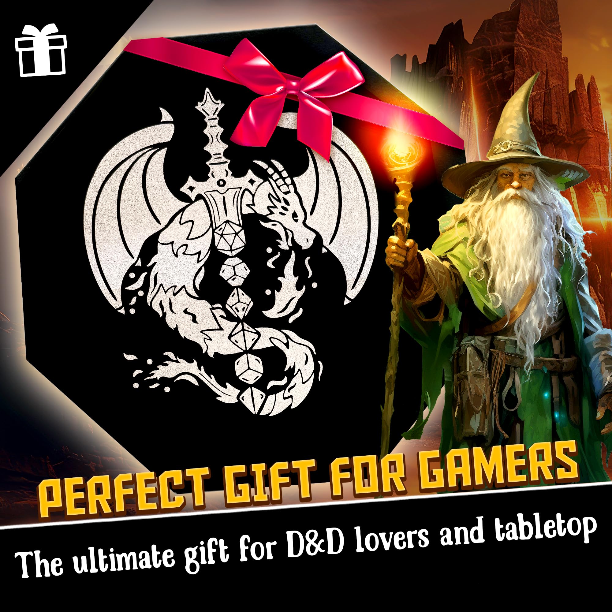 Fantasydice - Rojo - Espada de dados de dragón - Bandeja de dados - Octágono de 8 pulgadas con tapa y área de preparación de dados - Capacidad para 5 juegos (7 juegos de dados/estándar) para todos los
