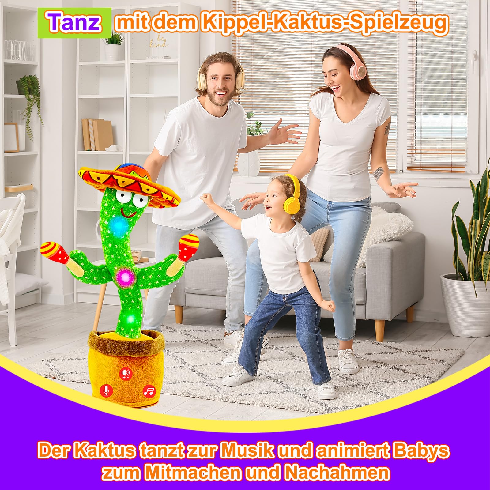 Tanzender Sprechender Kaktus Baby Spielzeug, Lautstärke einstellbar, Nachahmend Singend Wiederholend, Interaktives Plüsch-Babyspielzeug/Geschenk für Jungen Mädchen (Kaktus Trommel Akku)