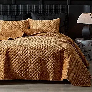 WARMDERN Velvet Quilt Queen Size, Luxury Geometric Stitch Quilt Set, Lightweight Diamond Patterned Bedspread and Coverlet, Soft Comforter for All Seasons, Burnt Orange, 90" x 96"