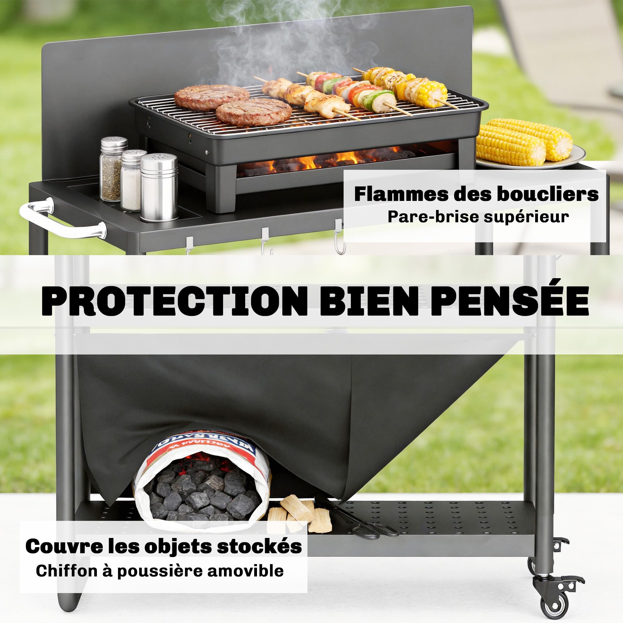 Outsunny Chariot de Barbecue en Acier 100x46x110cm avec Pare-vent - Desserte de Jardin 3 Niveaux Mobile avec Rideau Oxford - Station de Cuisson pour Plancha et Four à Pizza avec Rangement, Noir