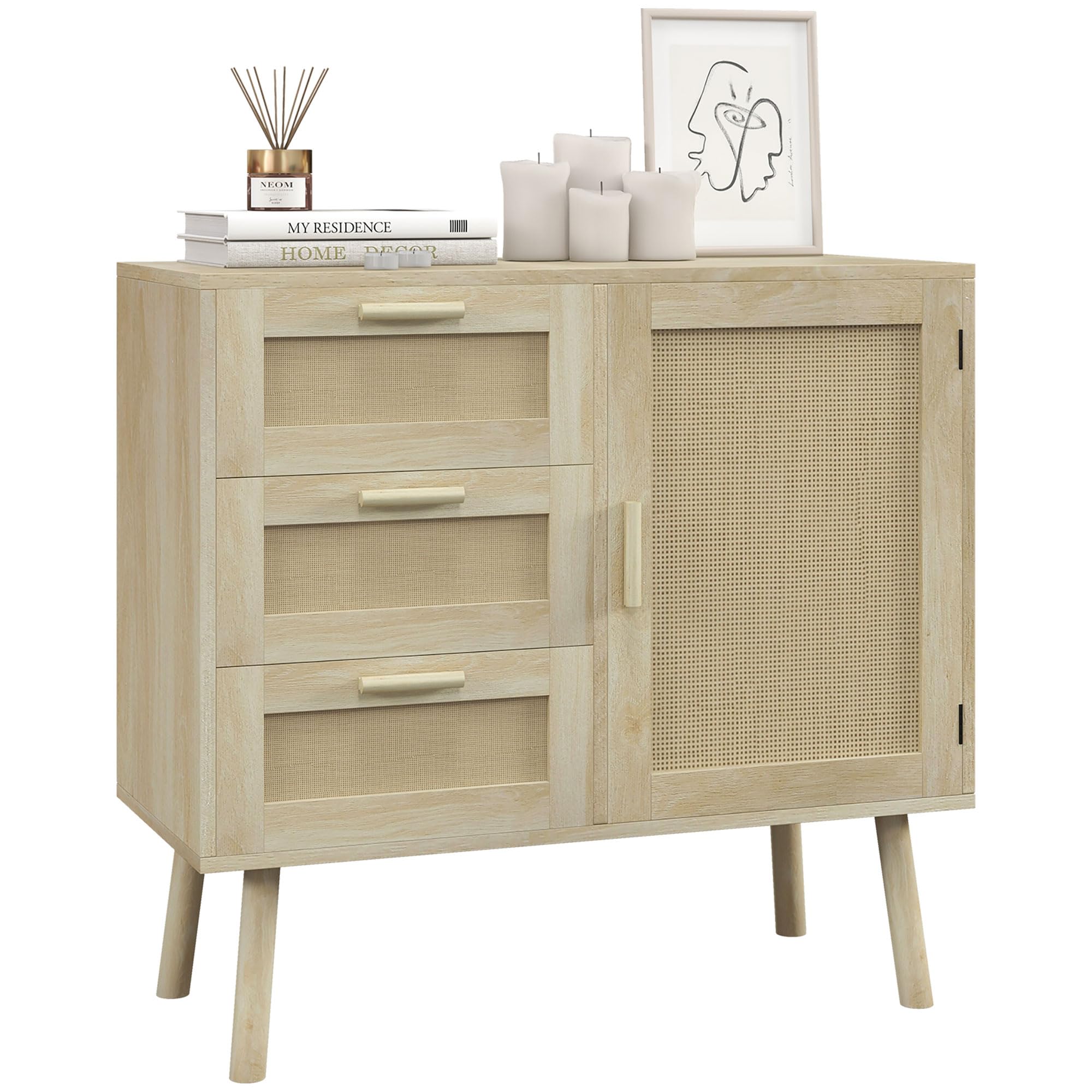 HOMCOM Mobile Multiuso in Stile Boho con Armadietto e 3 Cassetti in Legno e Rattan per Soggiorno e Ingresso, 80x36x75cm, Rovere