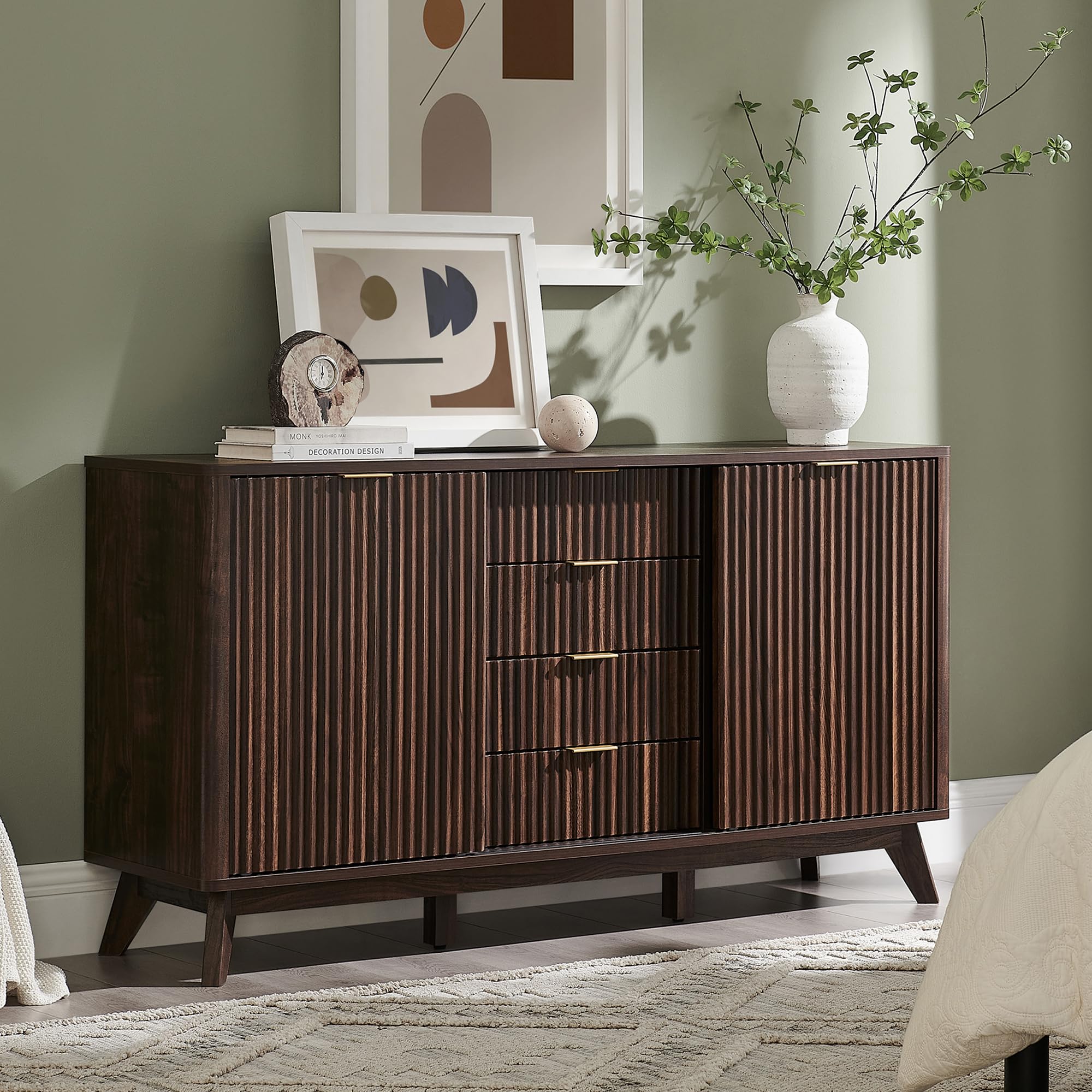 T4TREAM 60" Fluted Dresser with Sliding Doors and 4 Drawers, Modern Chest, Curved Profile Design, Dresser TV Stand, Wood Drawer Organizer for Bedroom,