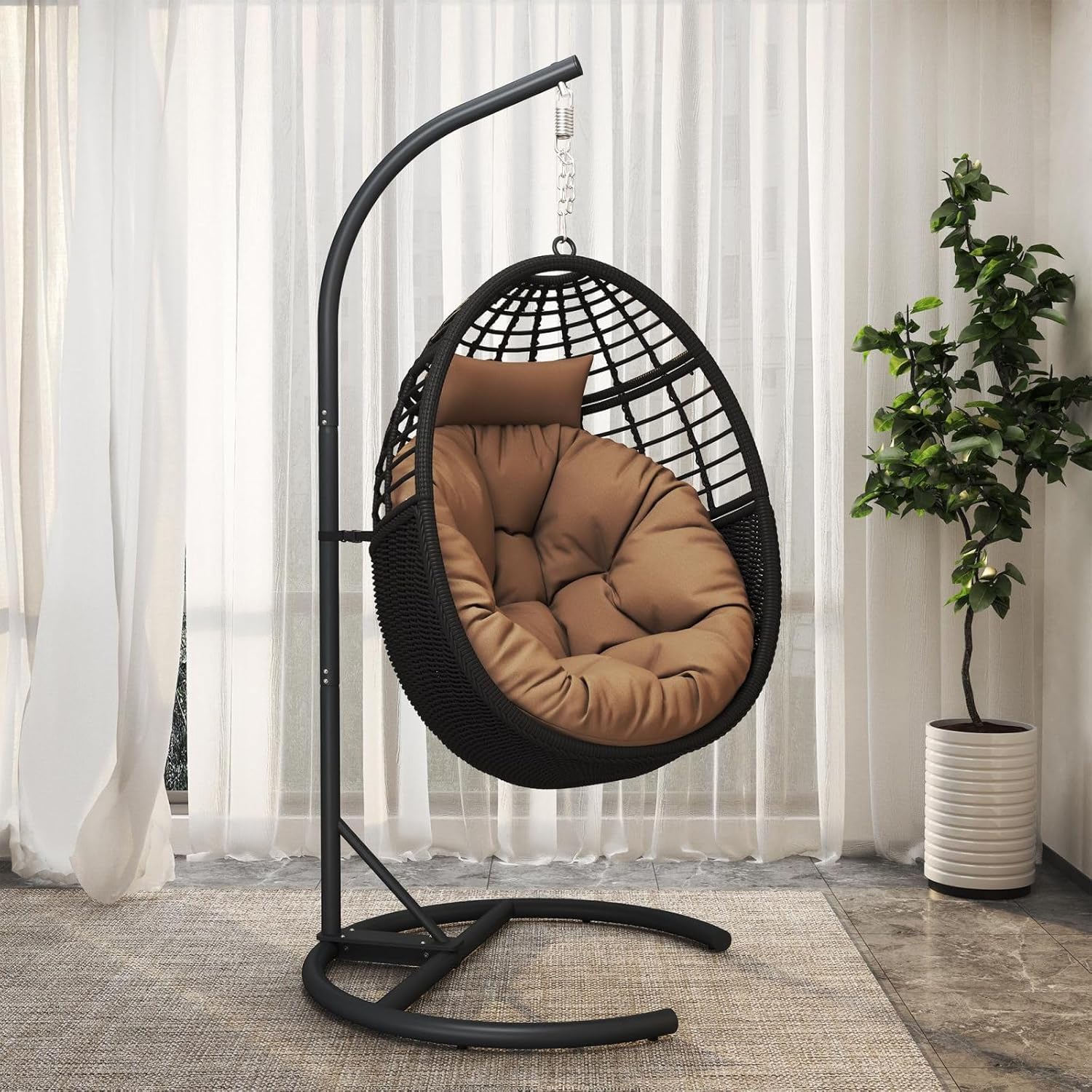Hanging Swing Egg Chair with Stand Wicker Hammock Chair with Cushions for Indoor & Outdoor, 330 lbs Weight Capacity, Coffee Color