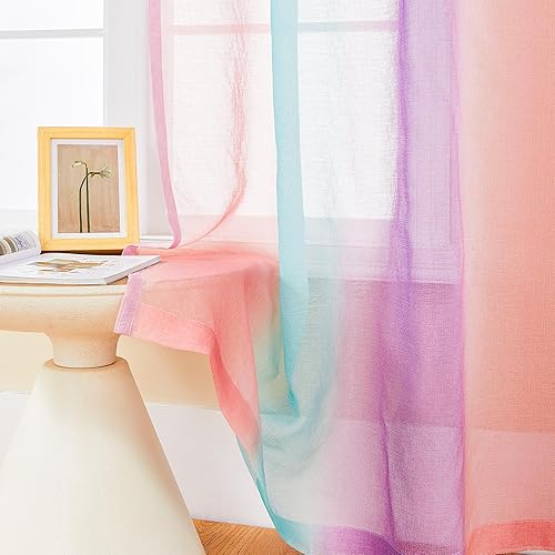 Vista 47 de XiDi Ombre Sheer Curtain Panel Set,Pink Green and Purple Semi Transparent Voile Drapes Short Sheer Curtains for Girls Bedroom Decor,2 Packs 52inch