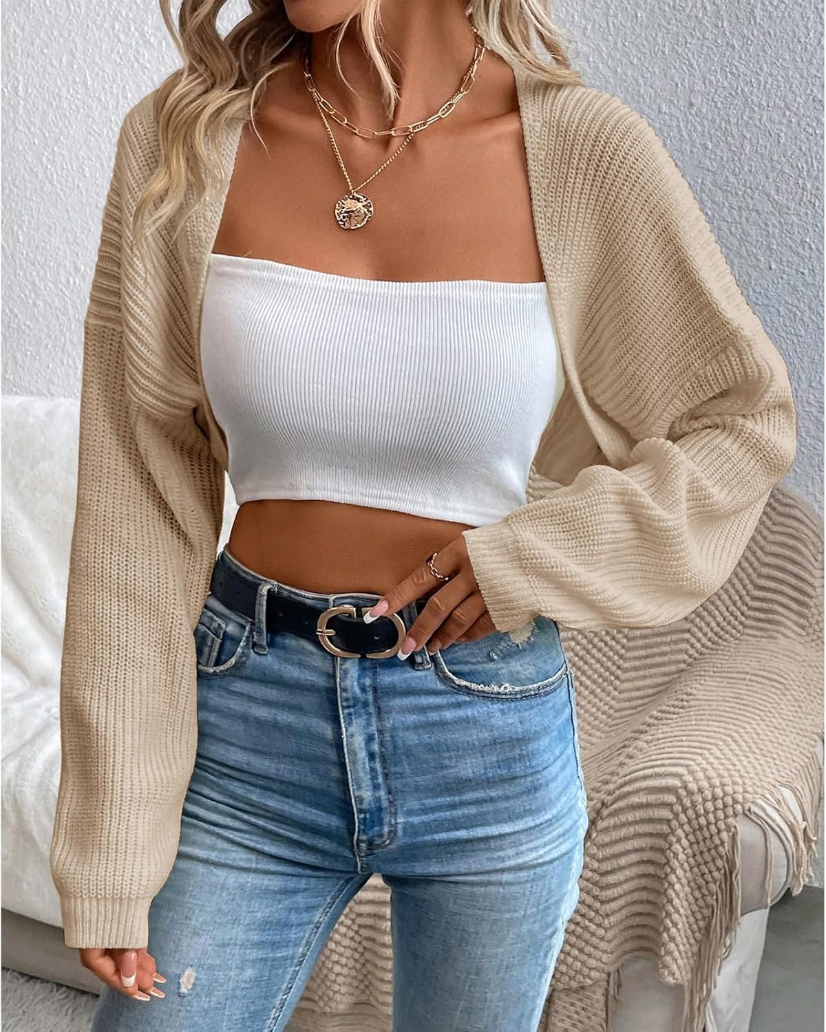 Women's Cardigan Shrugs Long Sleeve Knit Cropped Bolero Shrug Open Front Casual Cardigans for Dresses - Image 2