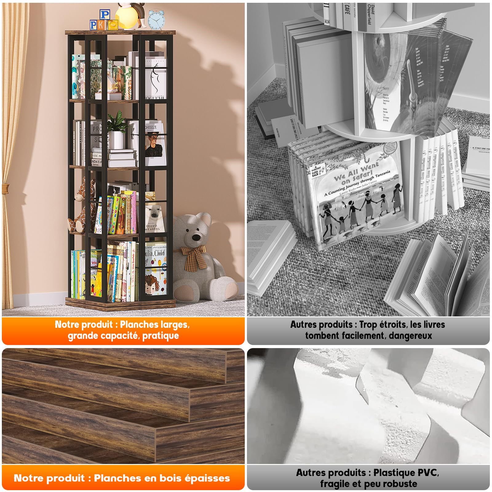 Étagère à livres rotative iSunirm, étagère d'angle, bibliothèque pivotante en bois à 360°, bibliothèque sur pied, étagère étroite et tournante, meuble de rangement pour petits espaces, marron rustique