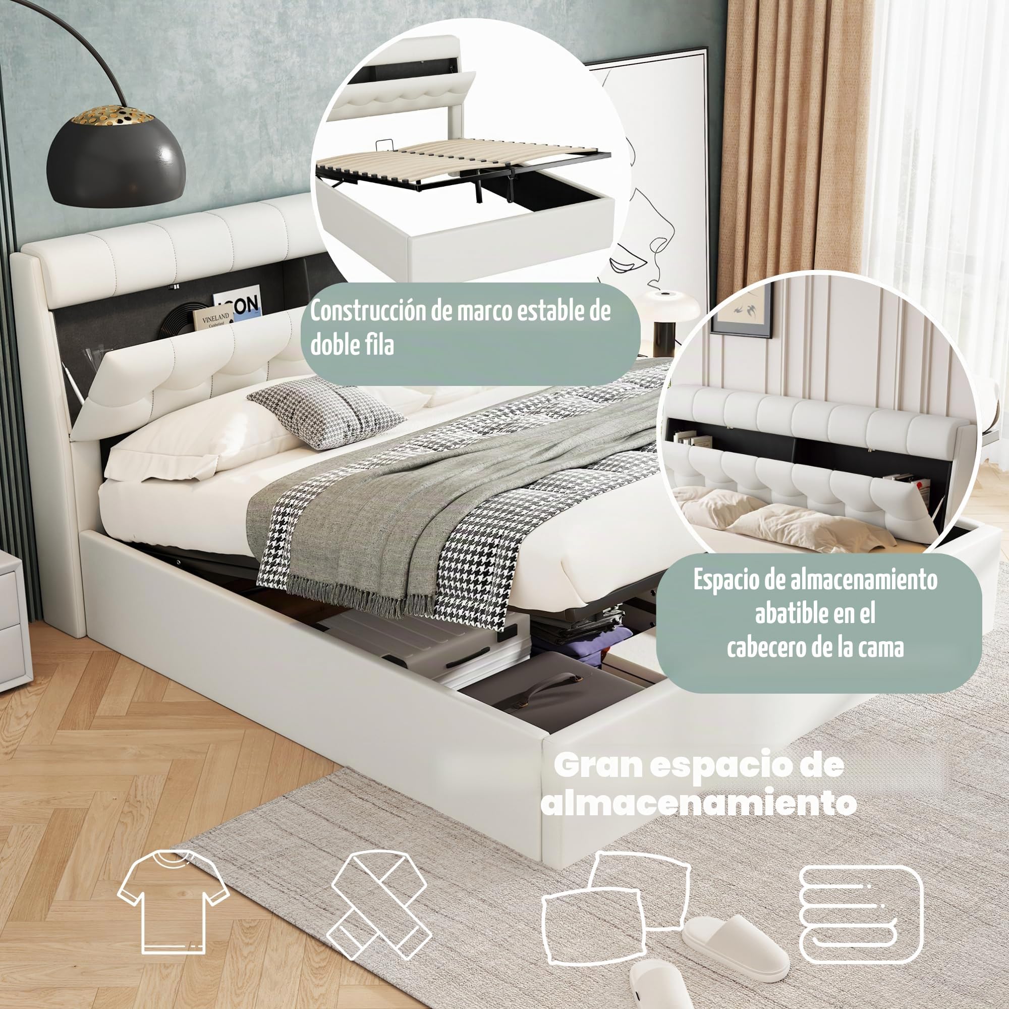 LUBVTTI Cama Acolchada De Matrimonio Con Cabecero Y Contenedor, Estructura De Cama De 140 X 200 Cm Con Somier De Láminas, Poliuretano, Color Blanco