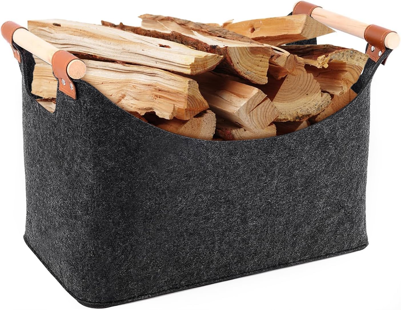 XXL Brennholztasche Dunkelgrau 60x40x40cm - Faltbarer Holzkorb Mit Filz Und Ledergriffen