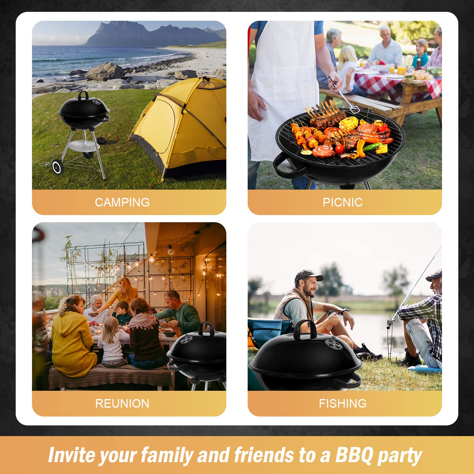 Holzkohlegrill, Kugelgrill mit Deckel, Rundgrill mit Rädern und Griff, BBQ Grills Campinggrill, Schwarz