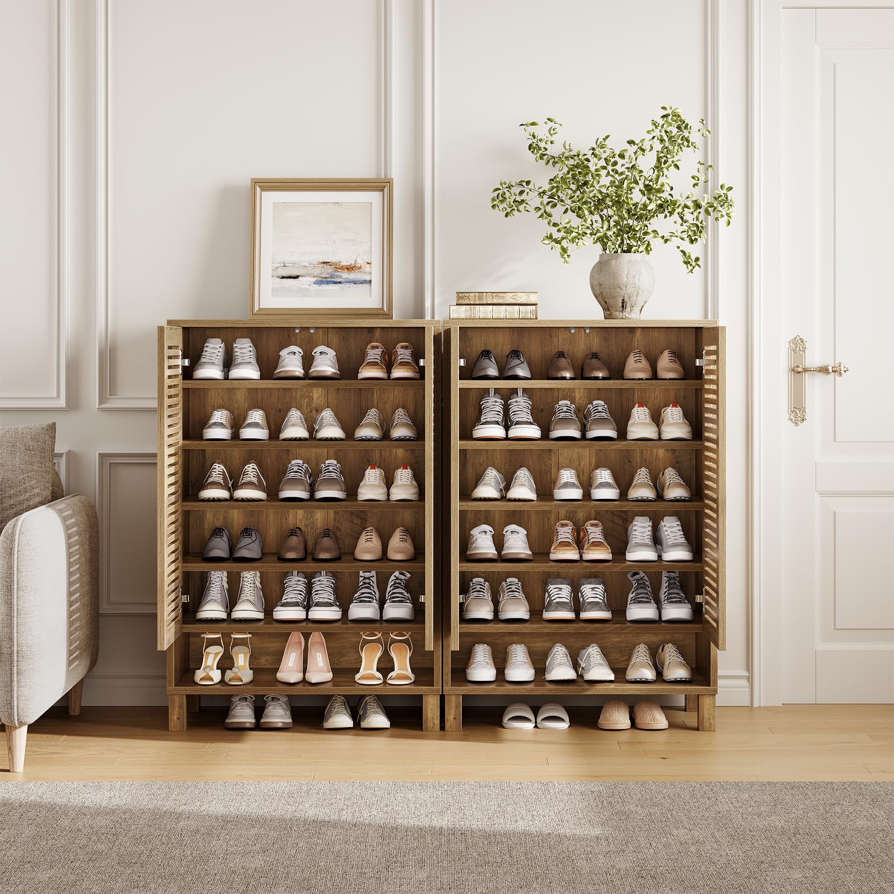 Tribesigns 6-poziomowa szafka na buty z 2 drzwiczkami, 73 x 35 x 109 cm, 24 pary szafek na buty z regulowanymi półkami, do przechowywania butów z drewna, do przedpokoju, salonu, jasny dąb