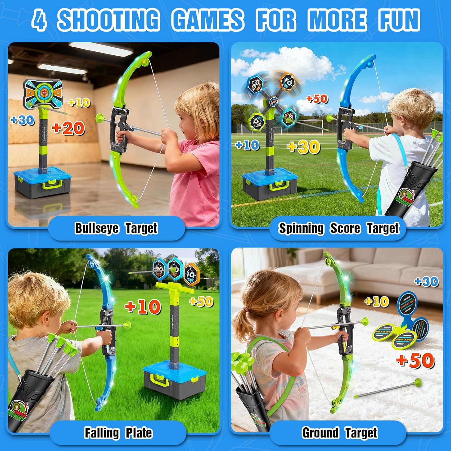 2 Pack Bow and Arrow Toy for kids 5 6 7 8 9 10,LED Light-Up Bows Archery Set with 12 Suction Cup Arrows, 4 Fun Targets ,2 Quivers & Storage Box ,Indoor Outdoor Sport Game Gifts for Boys Girls 4-8 8-12