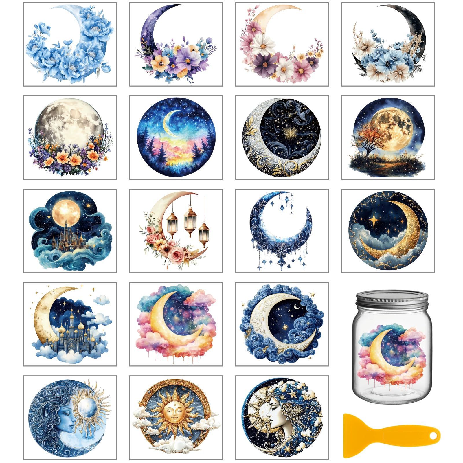 GLOBLELAND 18 Sheets 3.9x3.6inch Magic Moon Rub on Transfer Colorful Flowers Vase Home Decals Plant Flowers Cup Transfer Stickers for Furniture Vase Glass Art Crafts Decorations