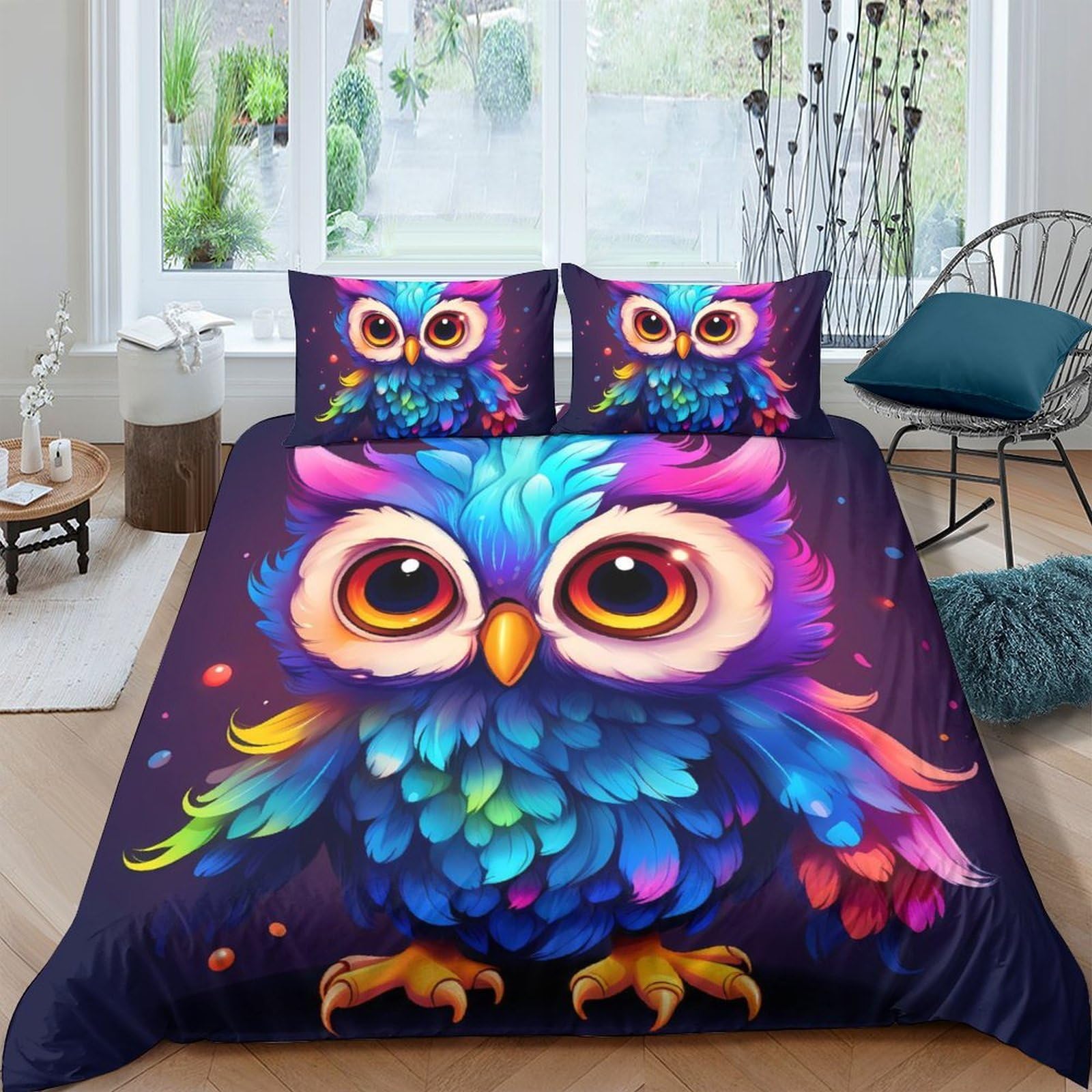 Ctjqhvkz Style-3 3D Printed Colorful Owl Fitted Sheet Microfiber Bedroom Decor Youth Artistic Bed Cover Dorm Mattress Protection Single（135X200cm）