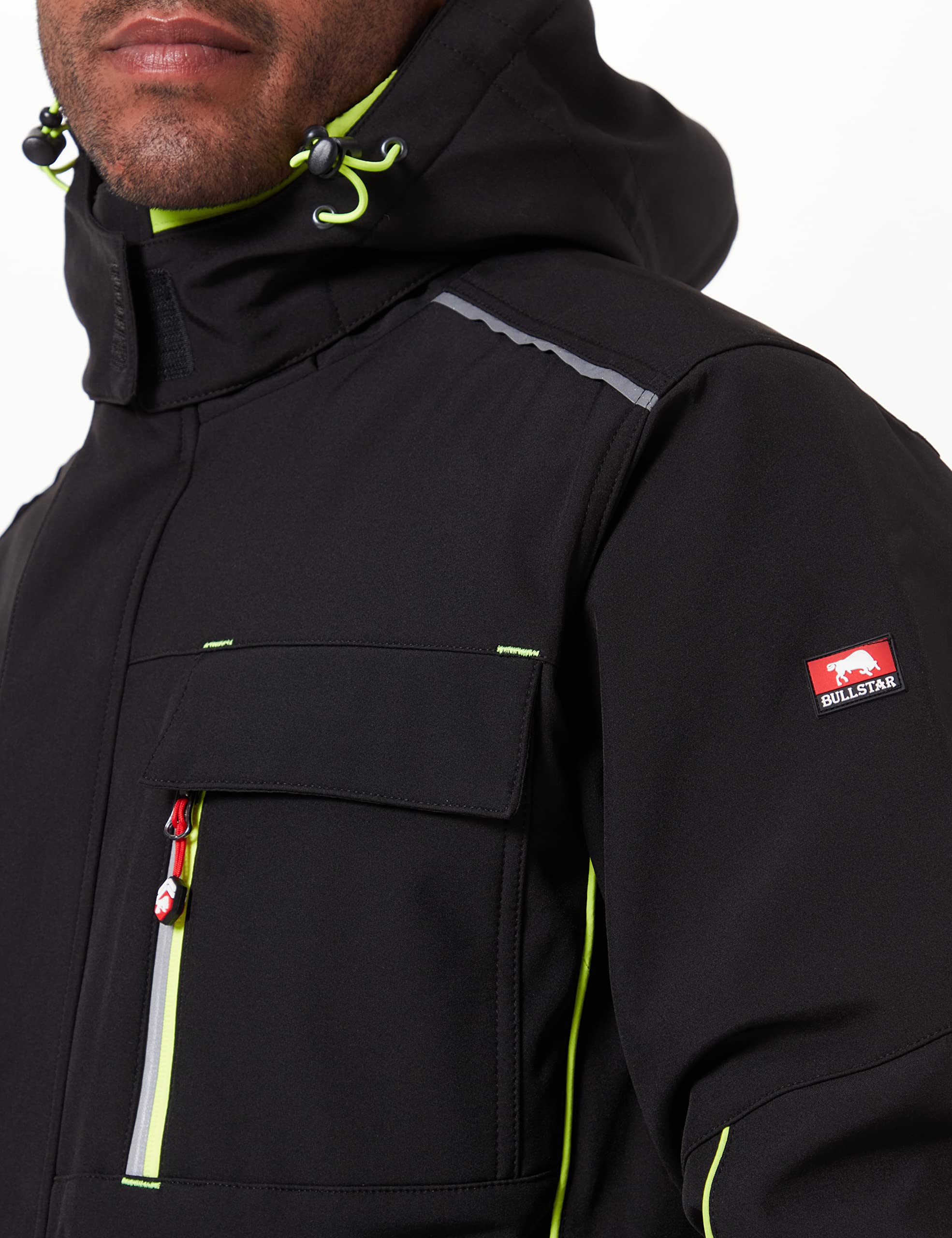 Bullstar Thermo-Softshelljacke ULTRA (Farbe schwarz, Größe M, Funktionsjacke für jedes Wetter, mit Kaputze, Arbeitskleidung) 9342-0-100-M