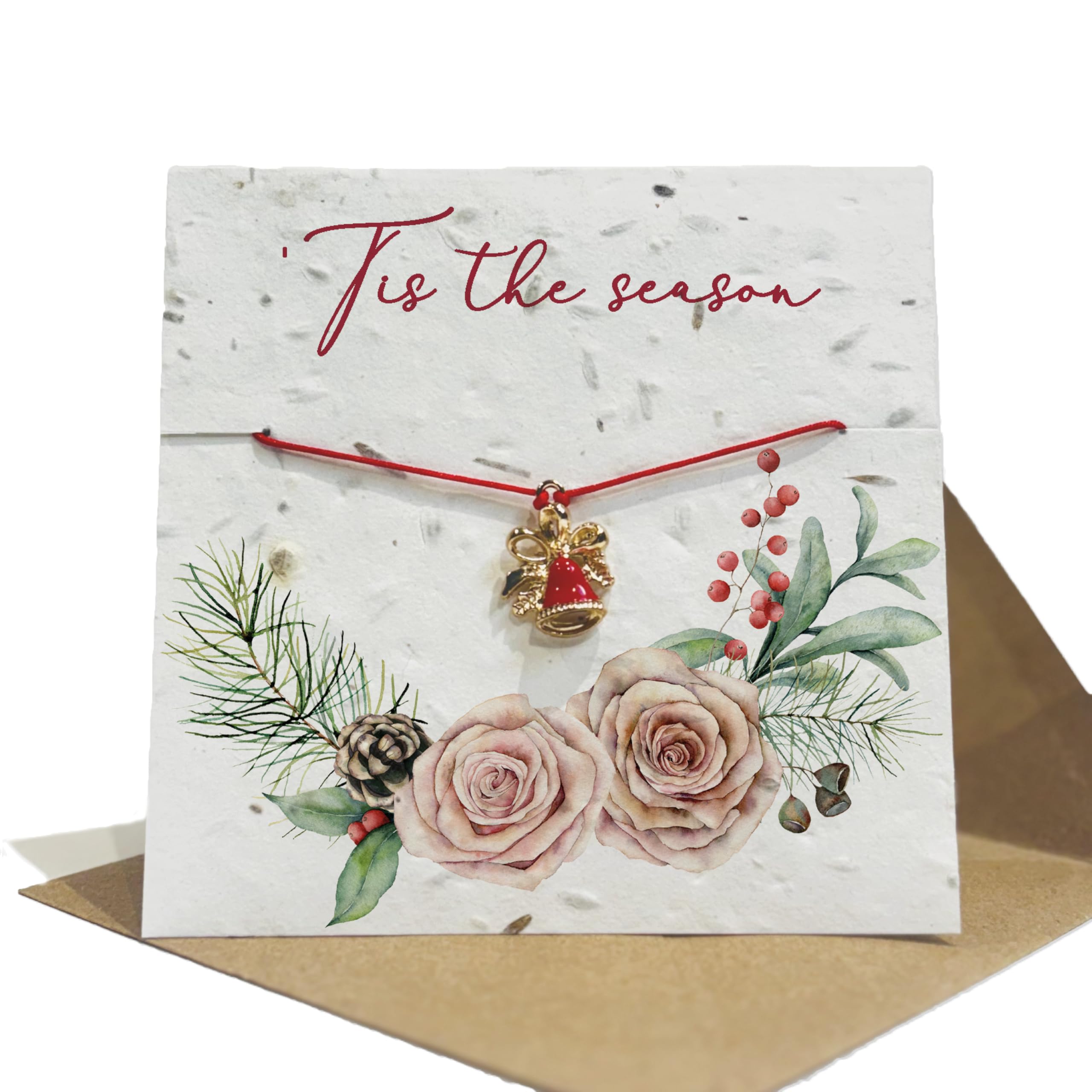Plantable Wildflower Seed Christmas Card with Charm Bracelet – Eco-Friendly Christmas Greeting Card with Recycled Kraft Envelope – Blank Inside, Planting Instructions Included (T'is the season)