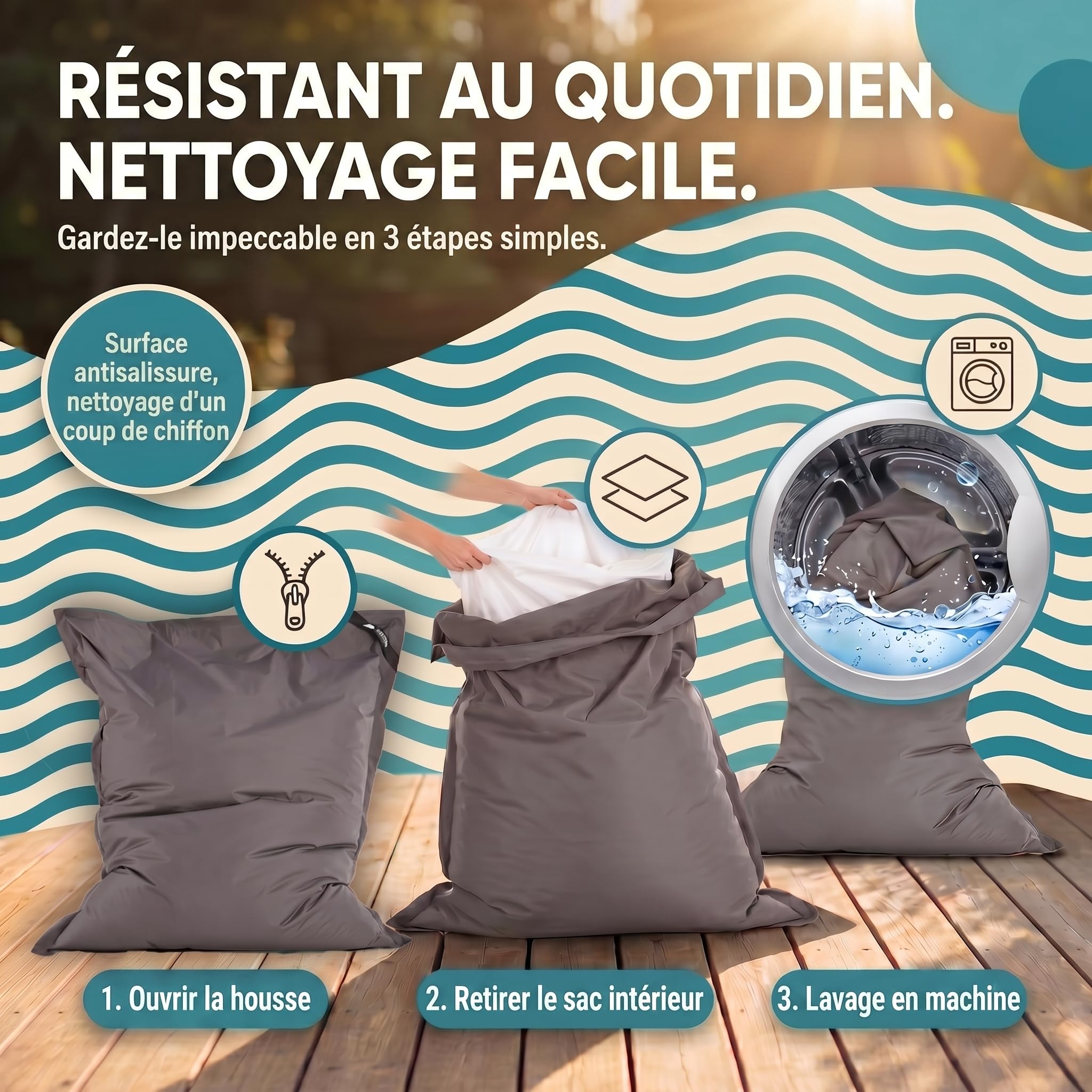 LAZY BAG® Pouf Géant XXL 180x140 cm - Bean Bag Extérieur (Nylon, Gris) | Nylon imperméable, double couture, housse lavable - intérieur & extérieur, salon, balcon, jardin
