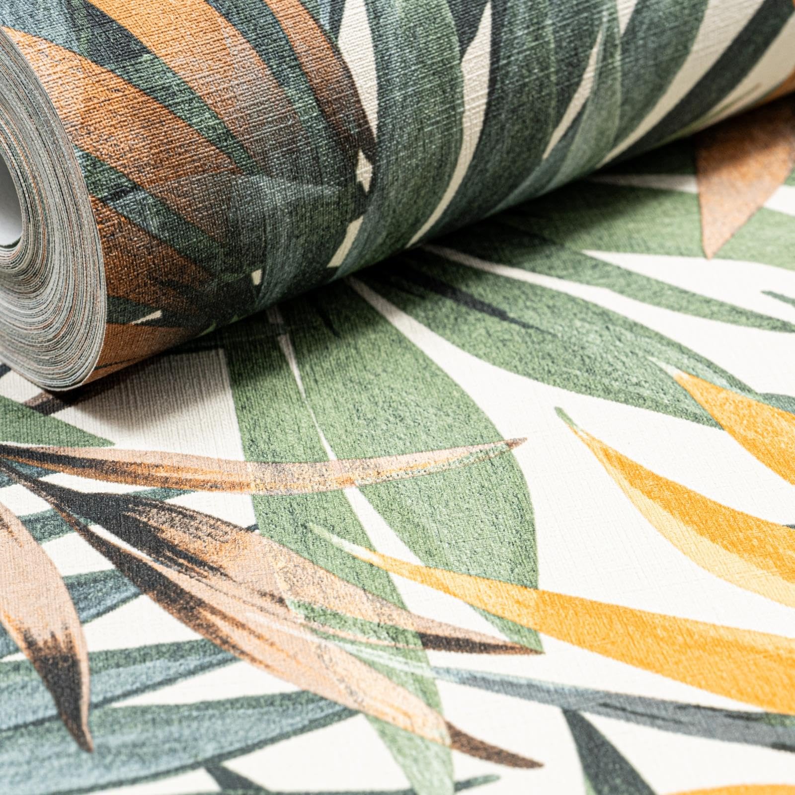 B&Q -  Green Tropical Leaf Wallpaper Ochre Soft Teal Botanical Foliage Textured Non-Woven Vinyl Paste The Wall Feature