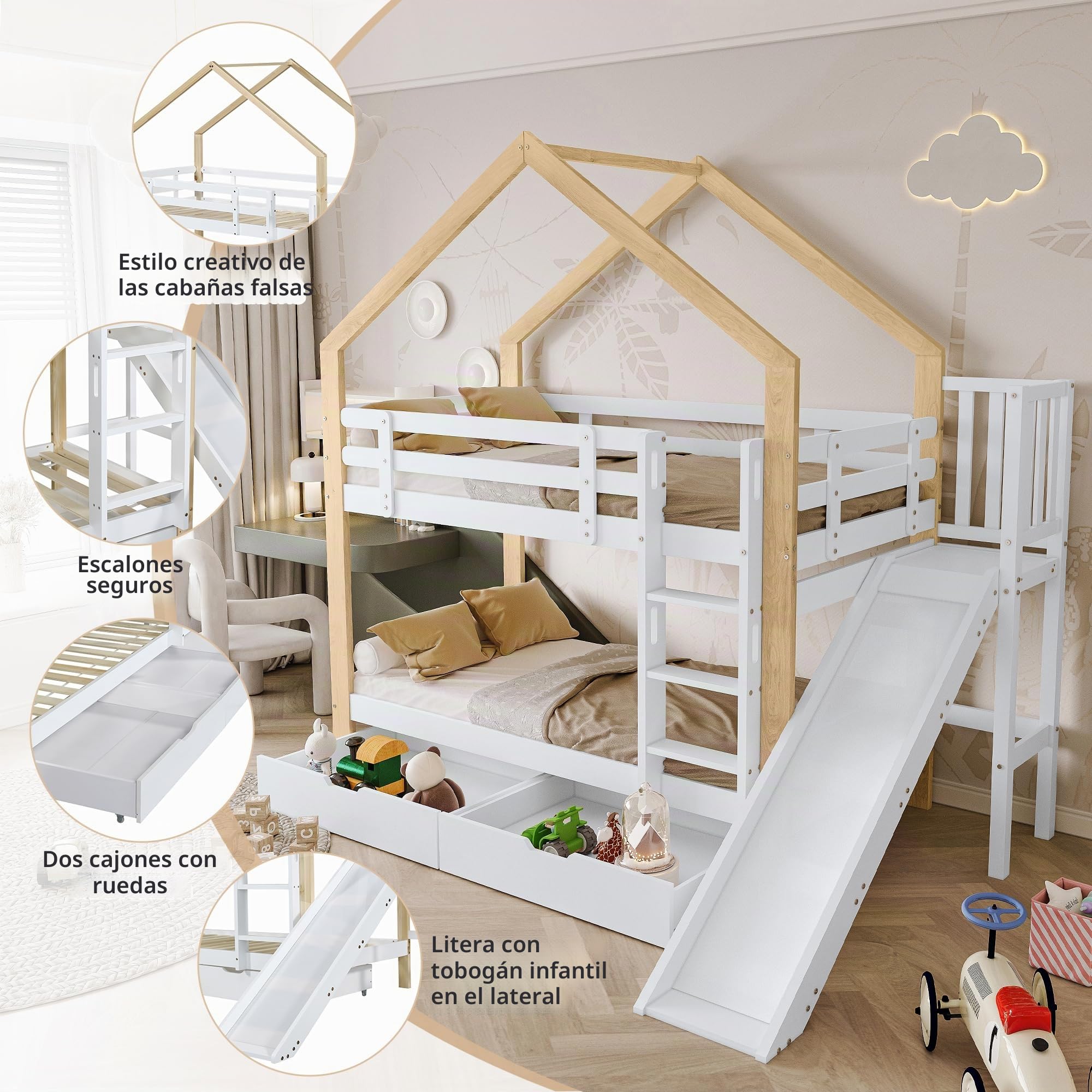 Litera con tobogán y escalera angular de tres niveles, cama con protección contra caídas, cuna, marco de cama de madera maciza, color blanco y natural, 90 x 200 cm (con 2 cajones)
