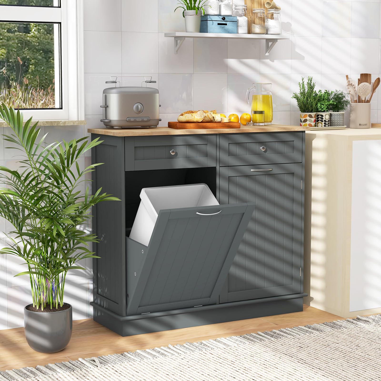 COSTWAY Kommode für Mülleimer 42L, Küchenschrank mit großer Arbeitplatte & 2 Schubladen & verstellbarem Regal, Mülleimerschrank mit Mülleimerhalter, Schrank für Küche ohne Mülleimer (Grau)