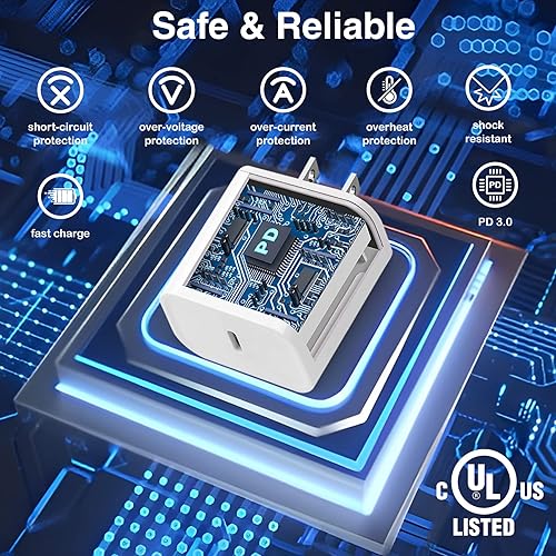 Miniatura 5 de Cargador de carga rápida – [Certificado Apple MFi] Bloque de carga USB C de 20 W con cable tipo C a Lightning de 6 pies adaptador PD cable de pared