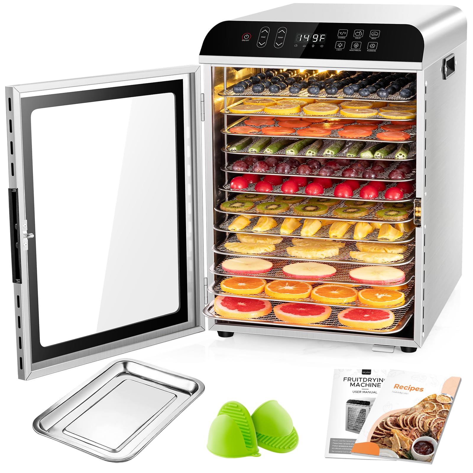KWASYO Food Dehydrator With Recipe Function,12 Trays All Stainless Steel, Dehydrator Food Dryer For Meat,Fruit,Vegetables,Flower| 24h Adjustable Timer, 86℉-194℉Temperature Control, 800W