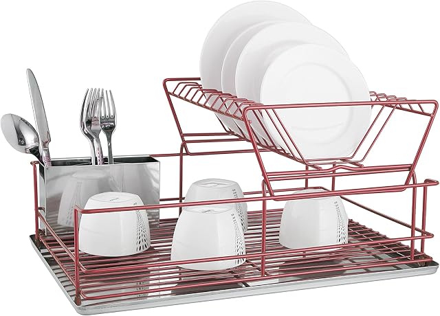 FurnitureXtra Stainless Steel Dish Drainer with Drip Tray and Cutlery Holder (2 Tier Red)